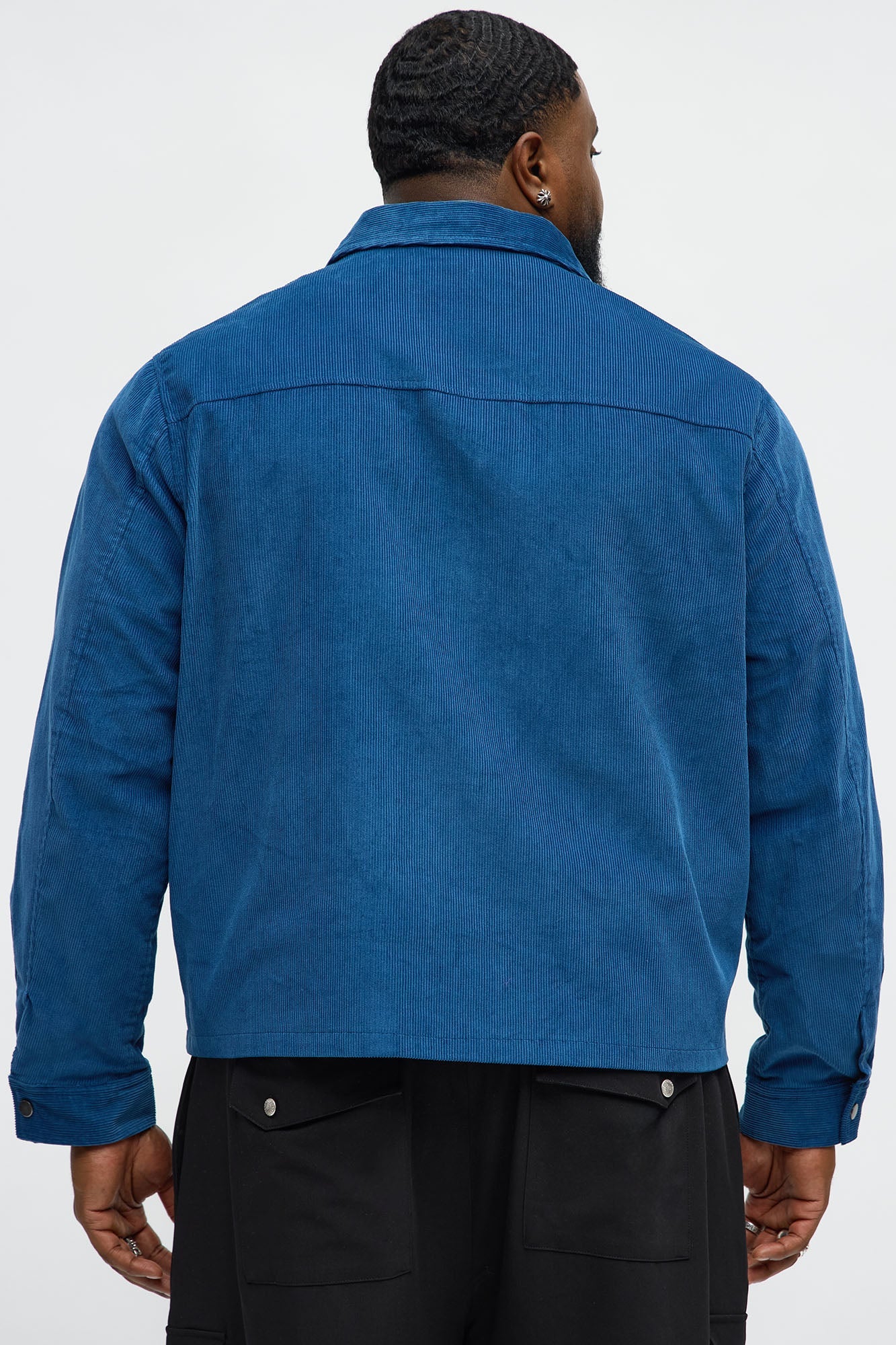 Textured Corduroy Cargo Pocket Zip Jacket - Blue