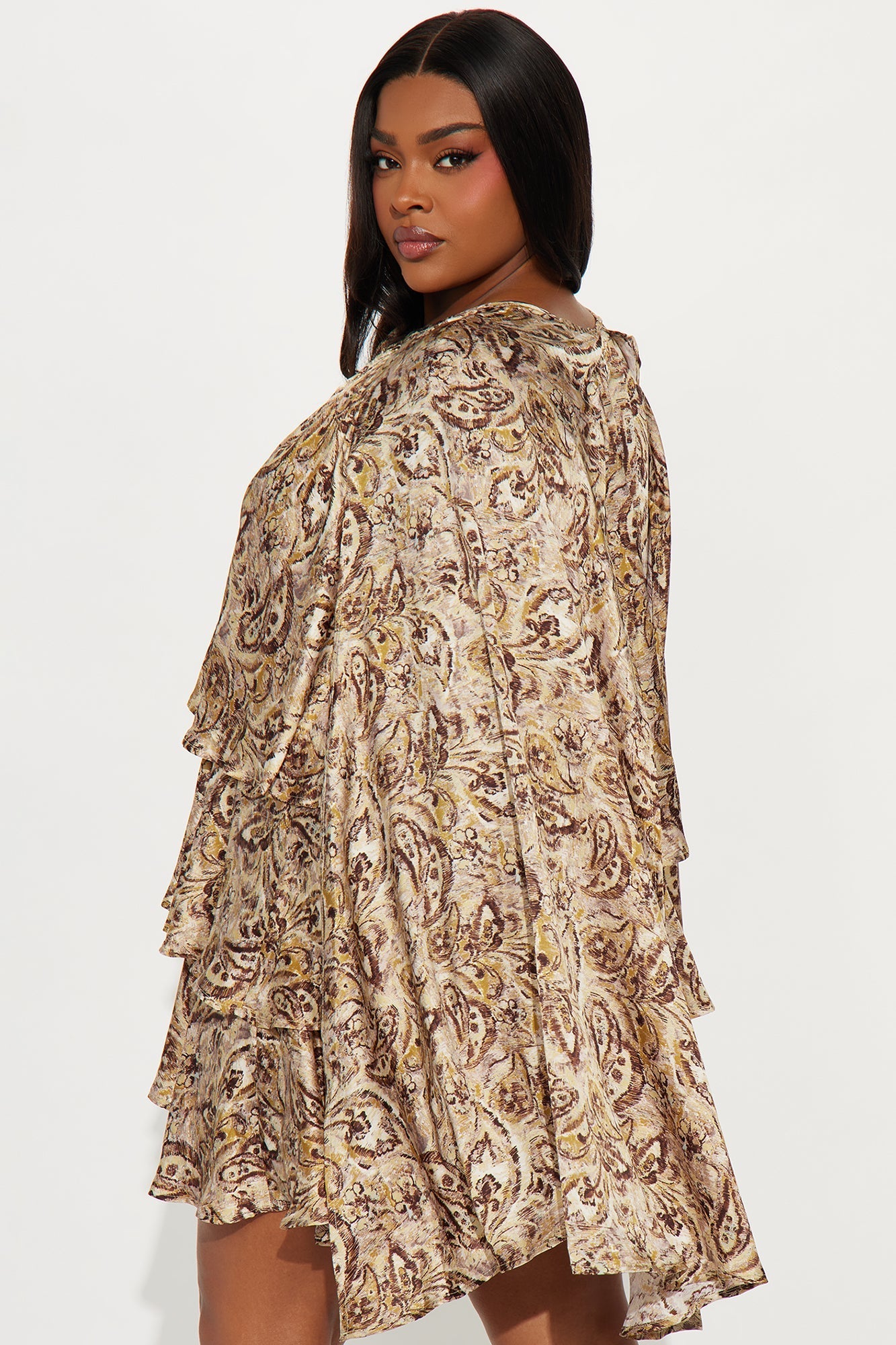 Ilana Ruffle Draped Satin Mini Dress - Taupe/combo