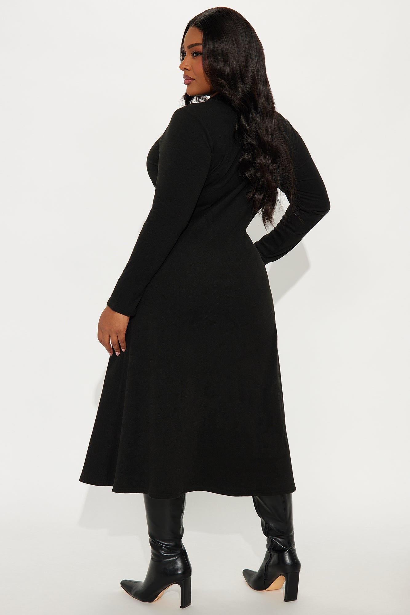 Anika Long Sleeve Ribbed Midi Dress - Black