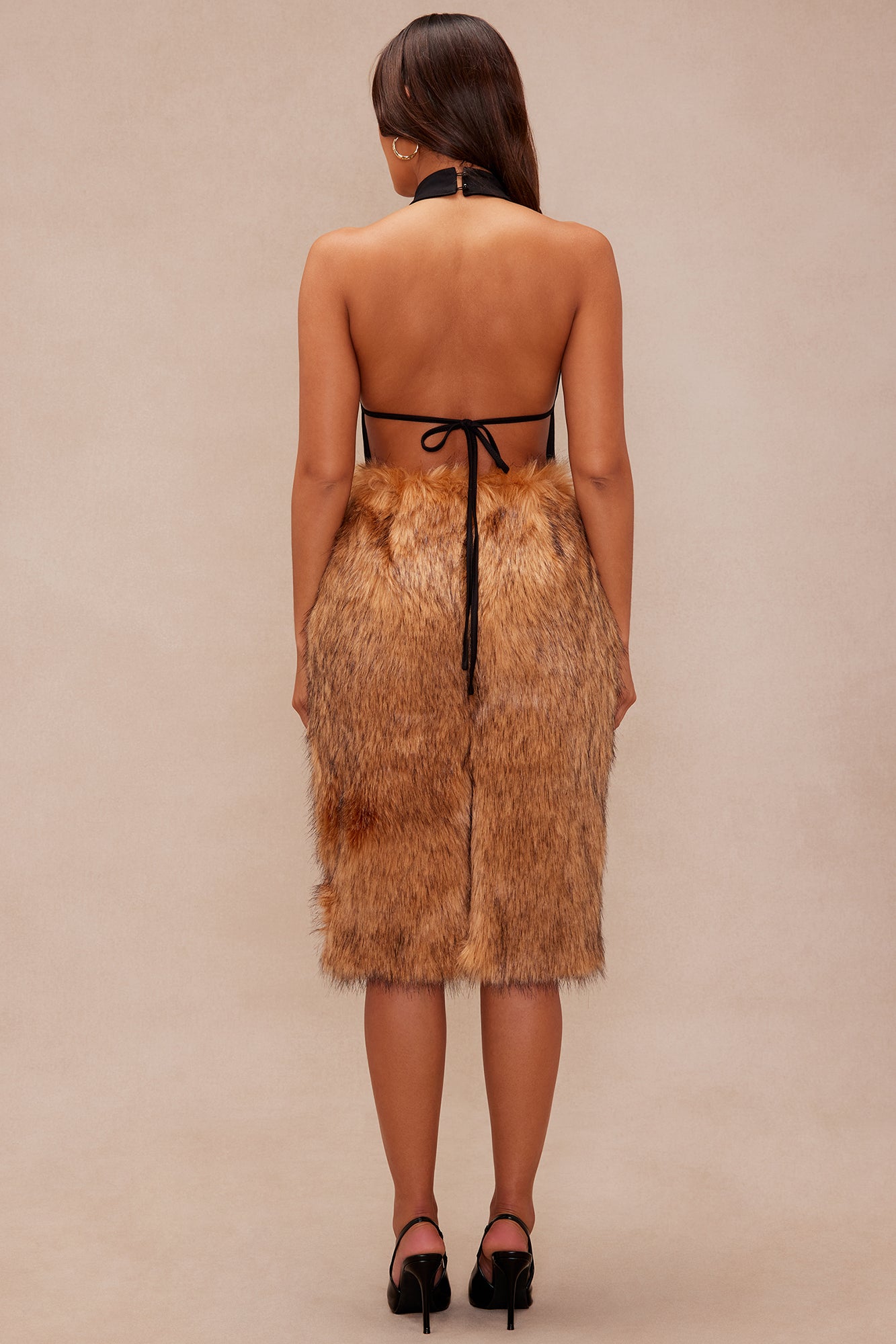 Clairese Backless Faux Fur Mini Dress - Brown/combo