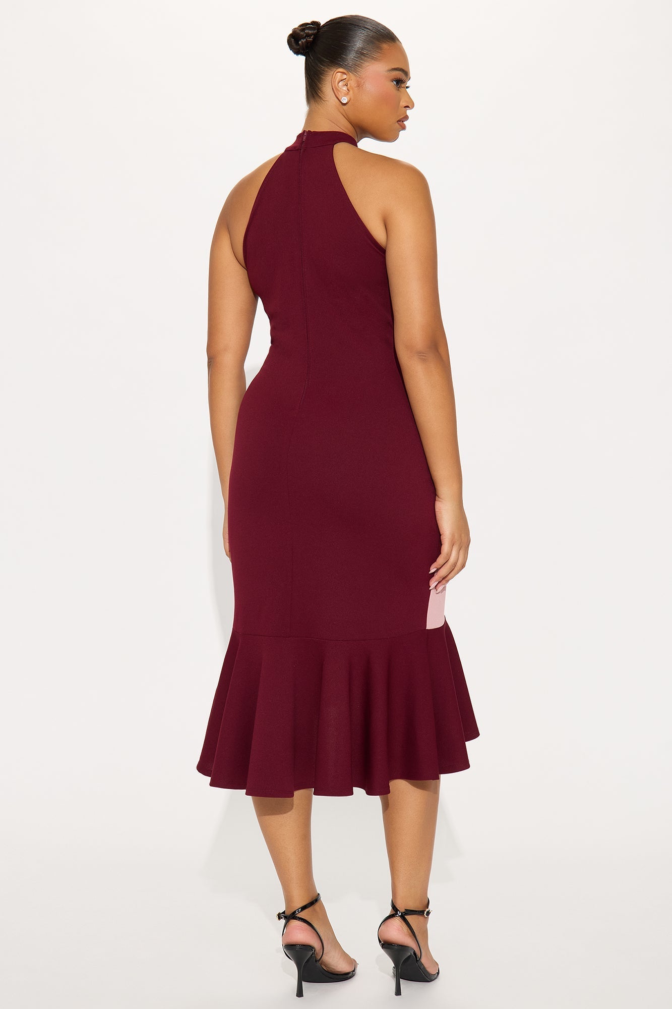 Bria Peplum Striped Midi Dress - Burgundy/combo