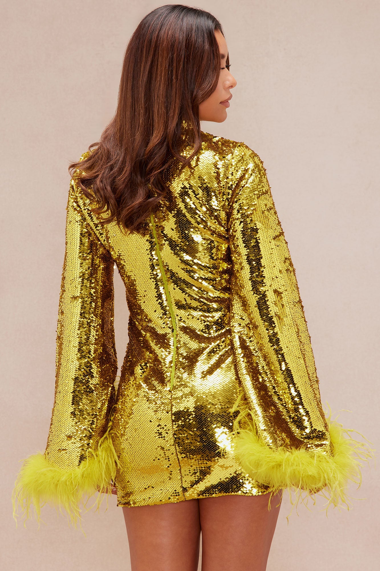 Robyn Sequin Feathered Long Sleeve Mini Dress - Chartreuse