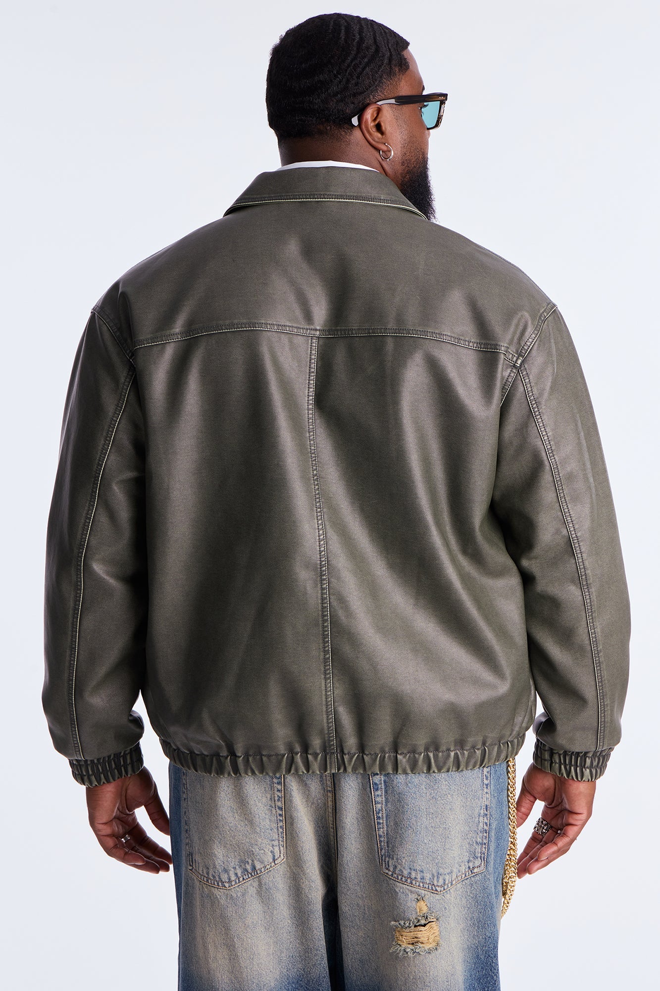 Relaxed Faux Leather Blurred Lines Zip Jacket - Green