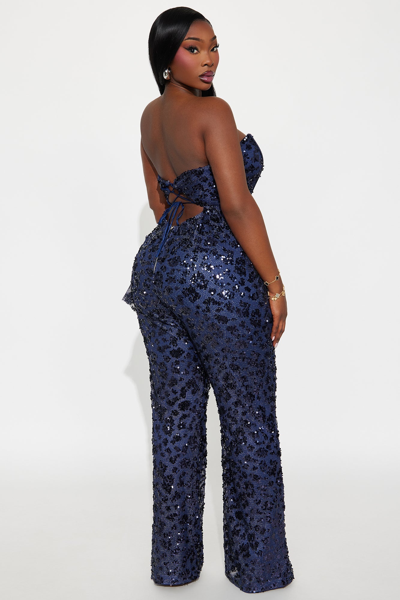 Alina Sequin Draped Wide Leg Jumpsuit - Navy