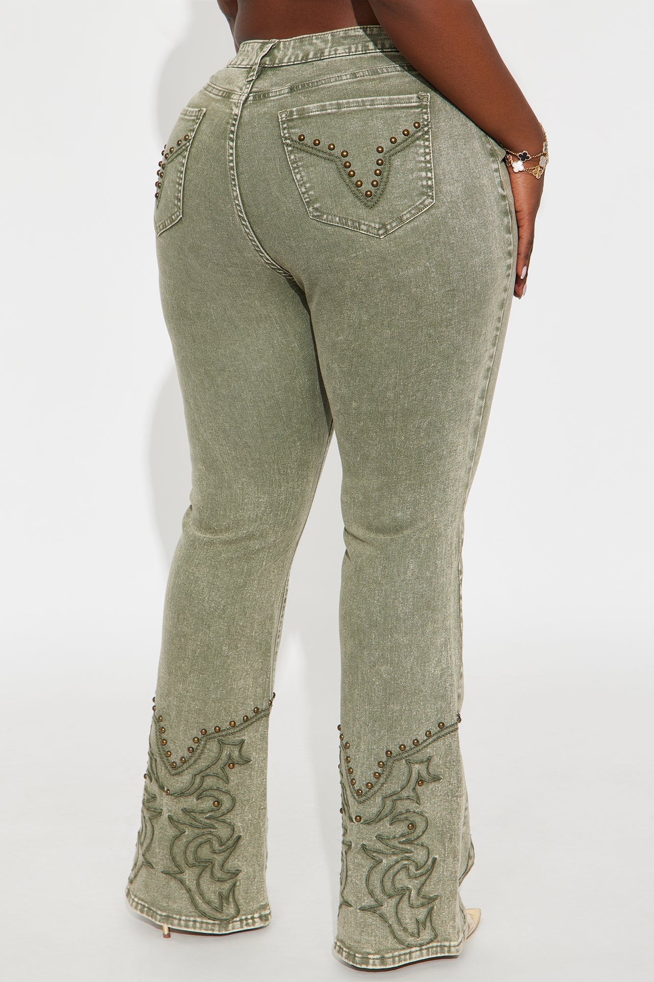 Letting It Ride Stretch Embellished Flare Jeans - Olive
