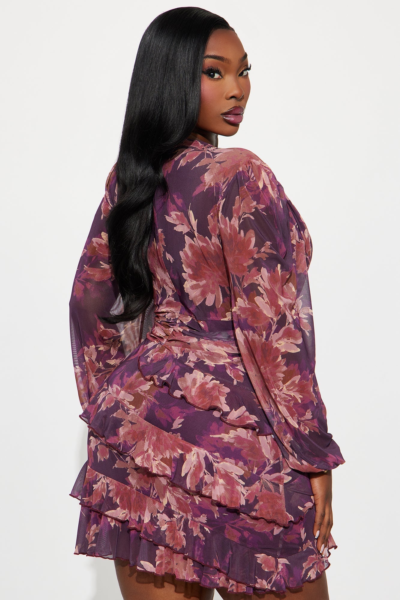 Jaida Ruffle Floral Mesh Mini Dress - Purple/combo