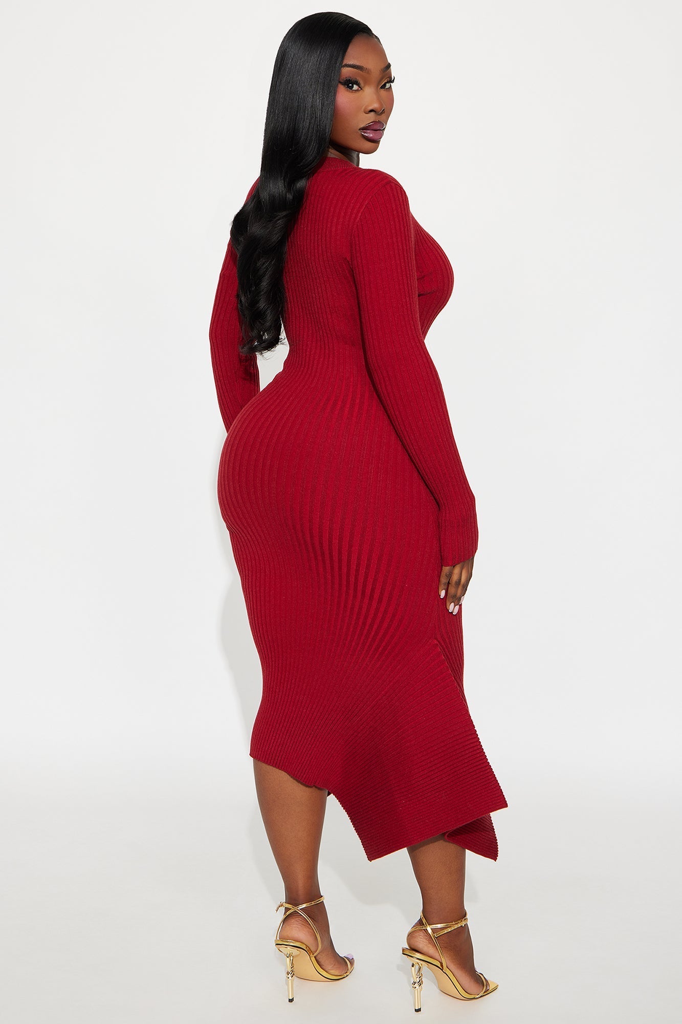 Rare Catch Long Sleeve Ribbed Midi Dress - Wine