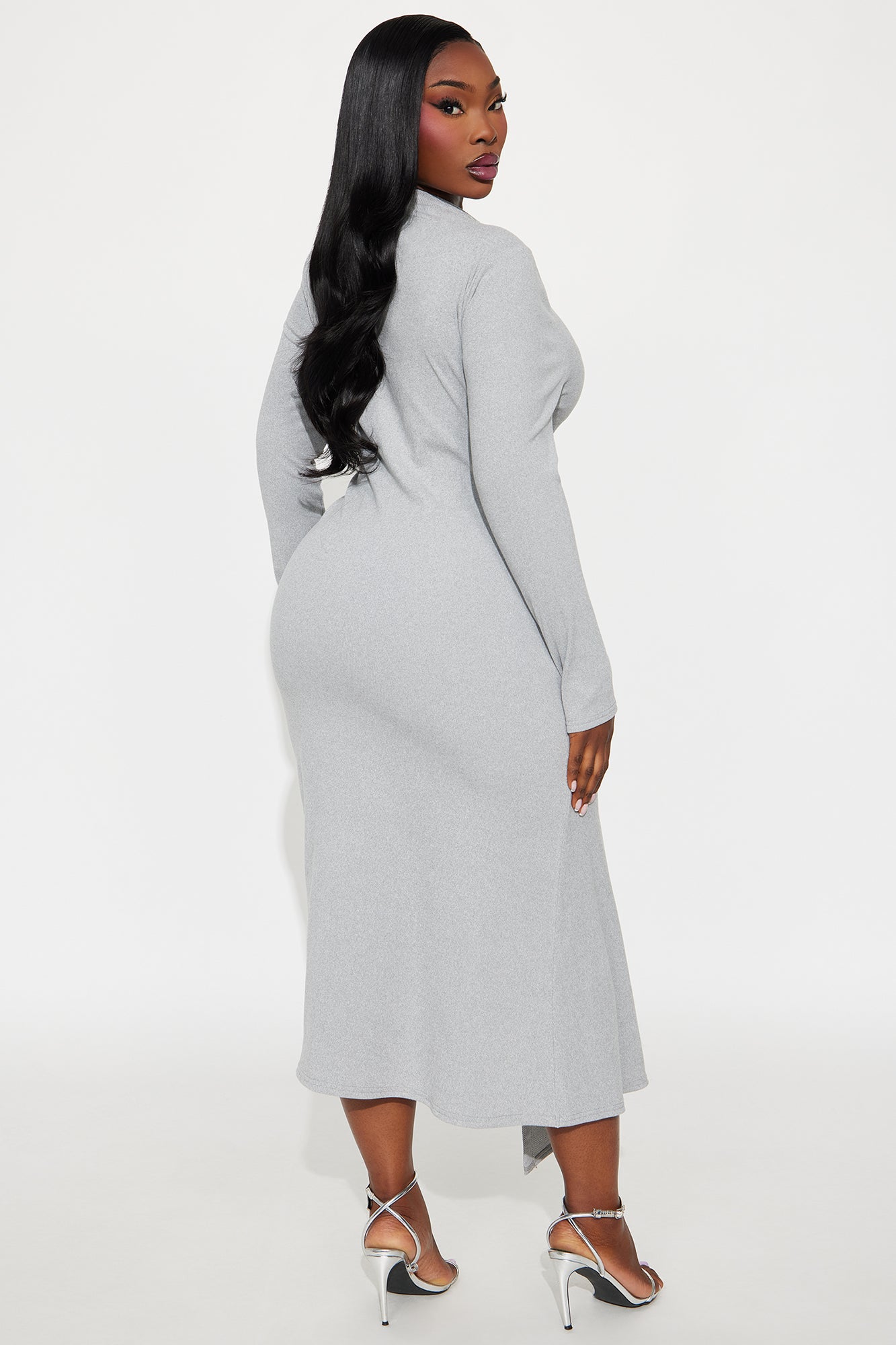 Anika Long Sleeve Ribbed Midi Dress - Heather Grey