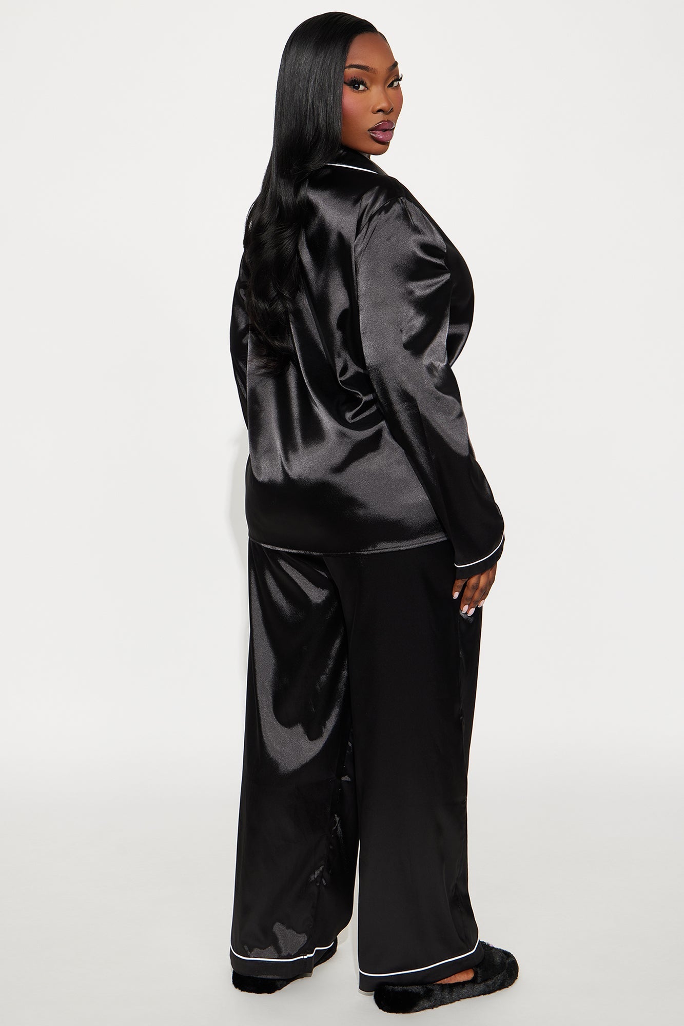 Bedtime Stretch Satin Long Sleeve PJ Pant Set - Black