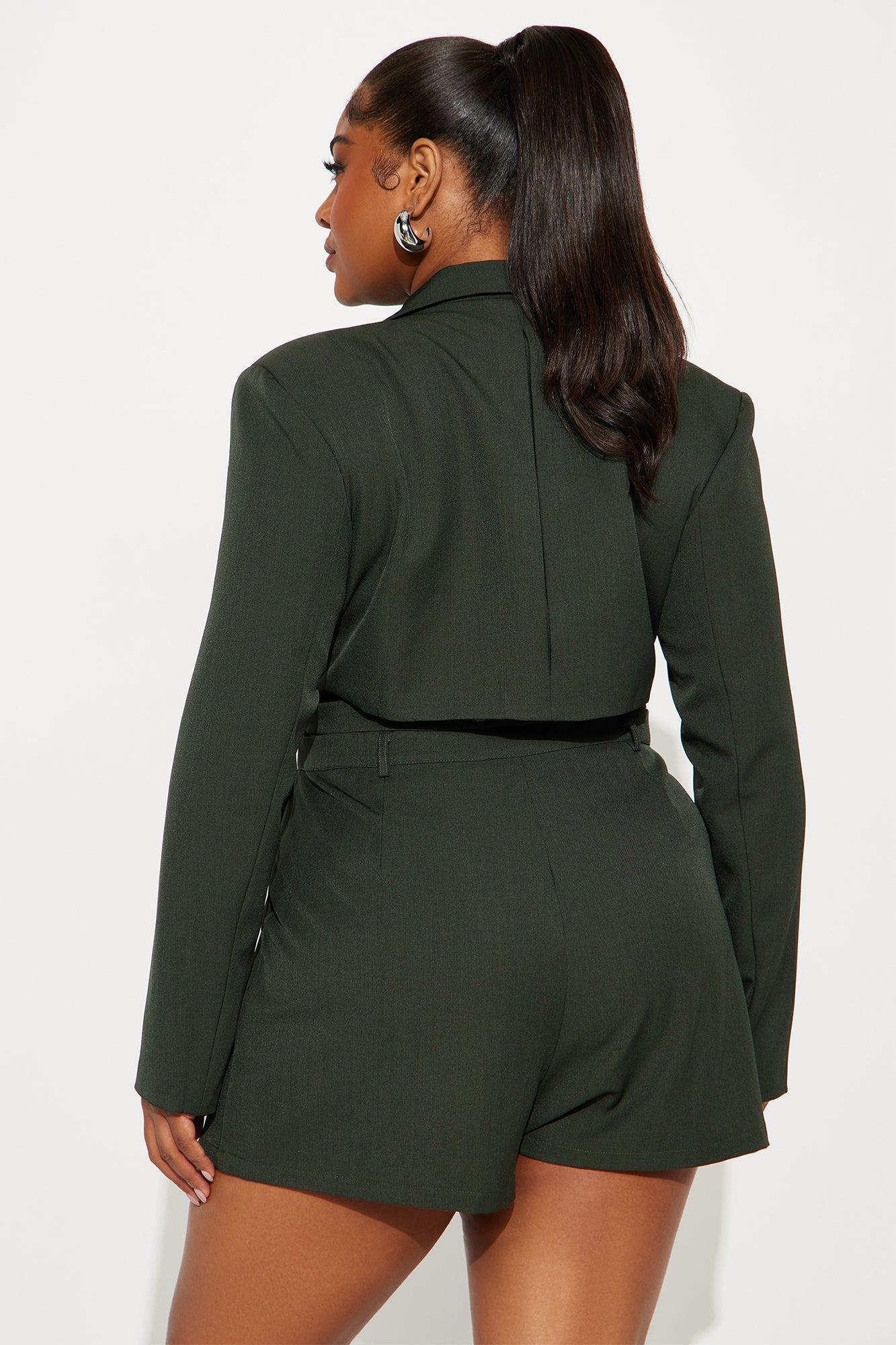 Shantal Bold Shoulder Blazer Romper - Dark Olive