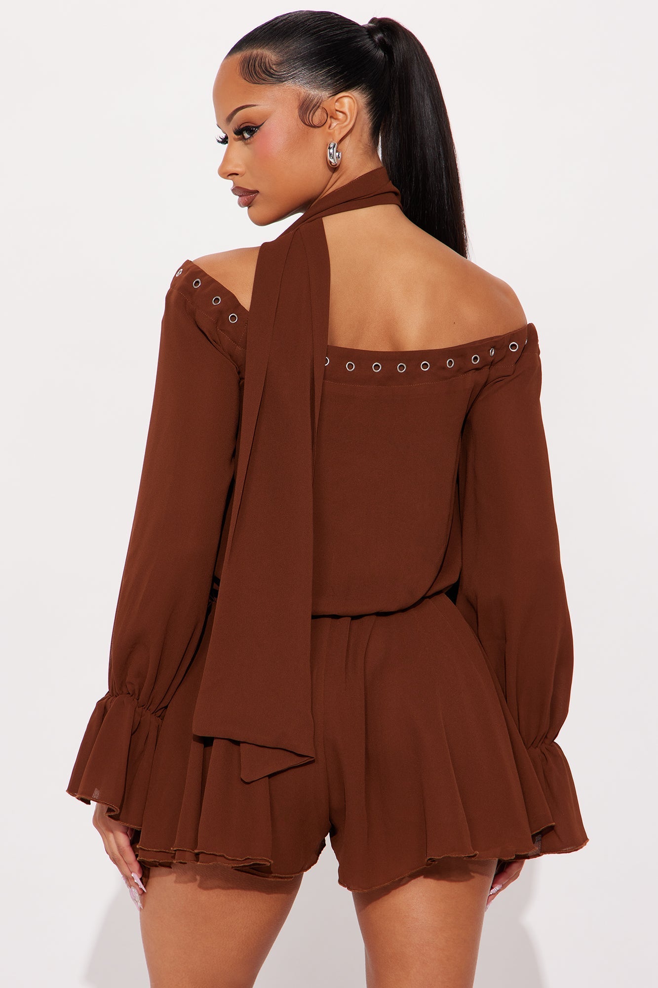 Feeling Flirty Lace Up 2 Piece Scarf Romper - Chocolate