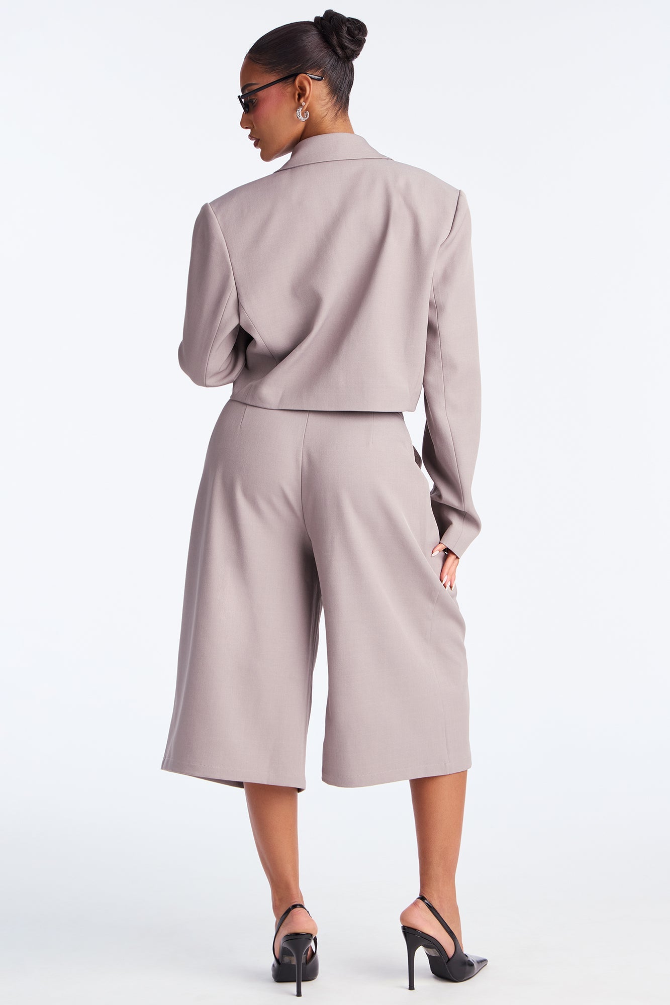 Boardroom Babe Cropped Blazer Trouser Short Set - Grey
