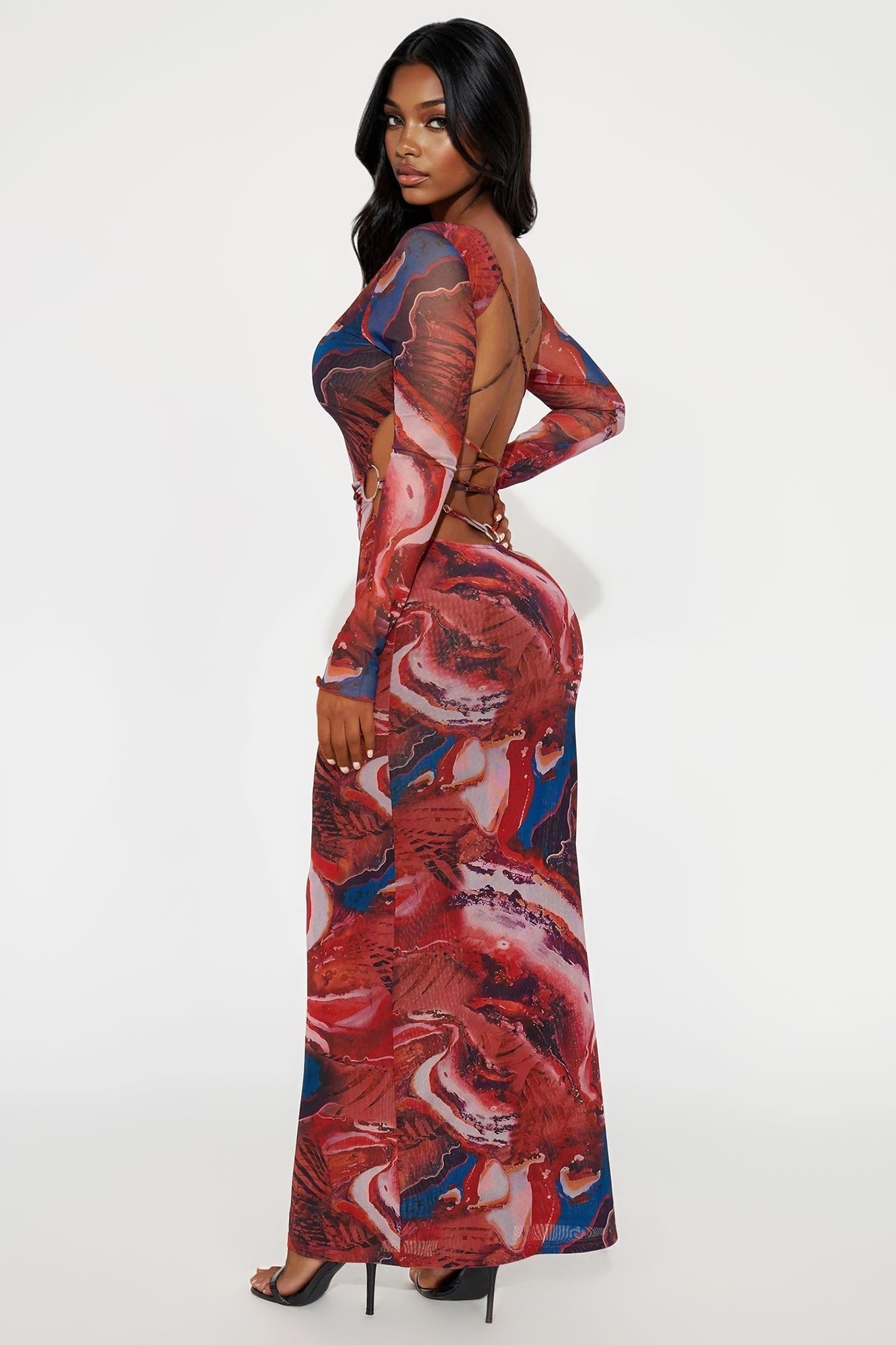 Sexy Sabotage Backless Mesh Maxi Dress - Red/combo