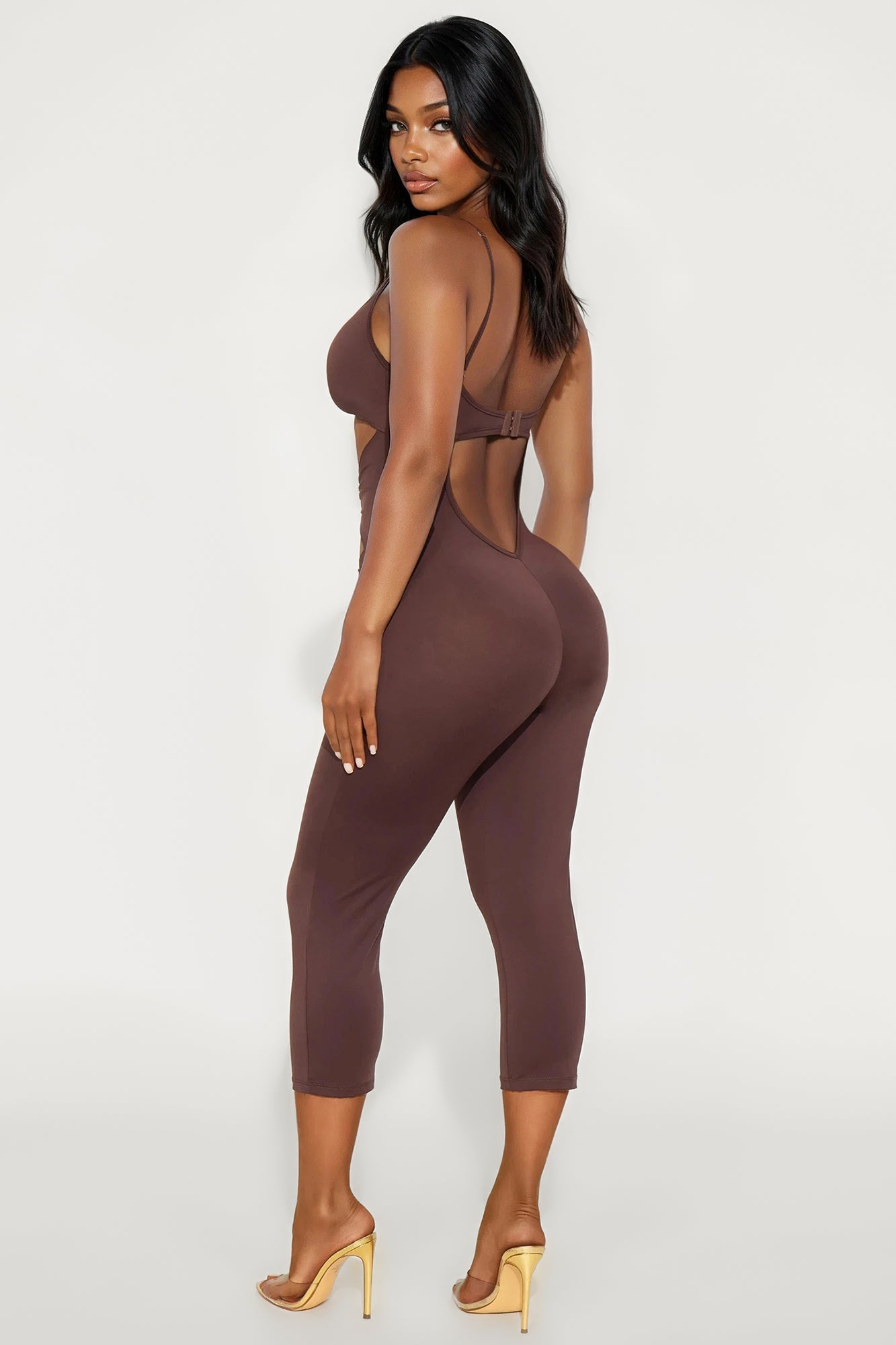 Festival Cut Out Hardware Capri Stretch Jumpsuit - Chocolate