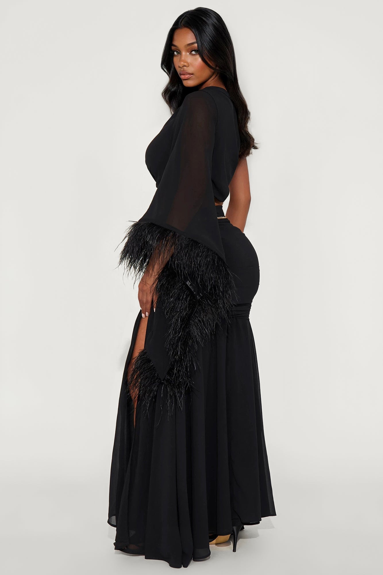 Athena Chiffon One Shoulder Maxi Skirt Set - Black