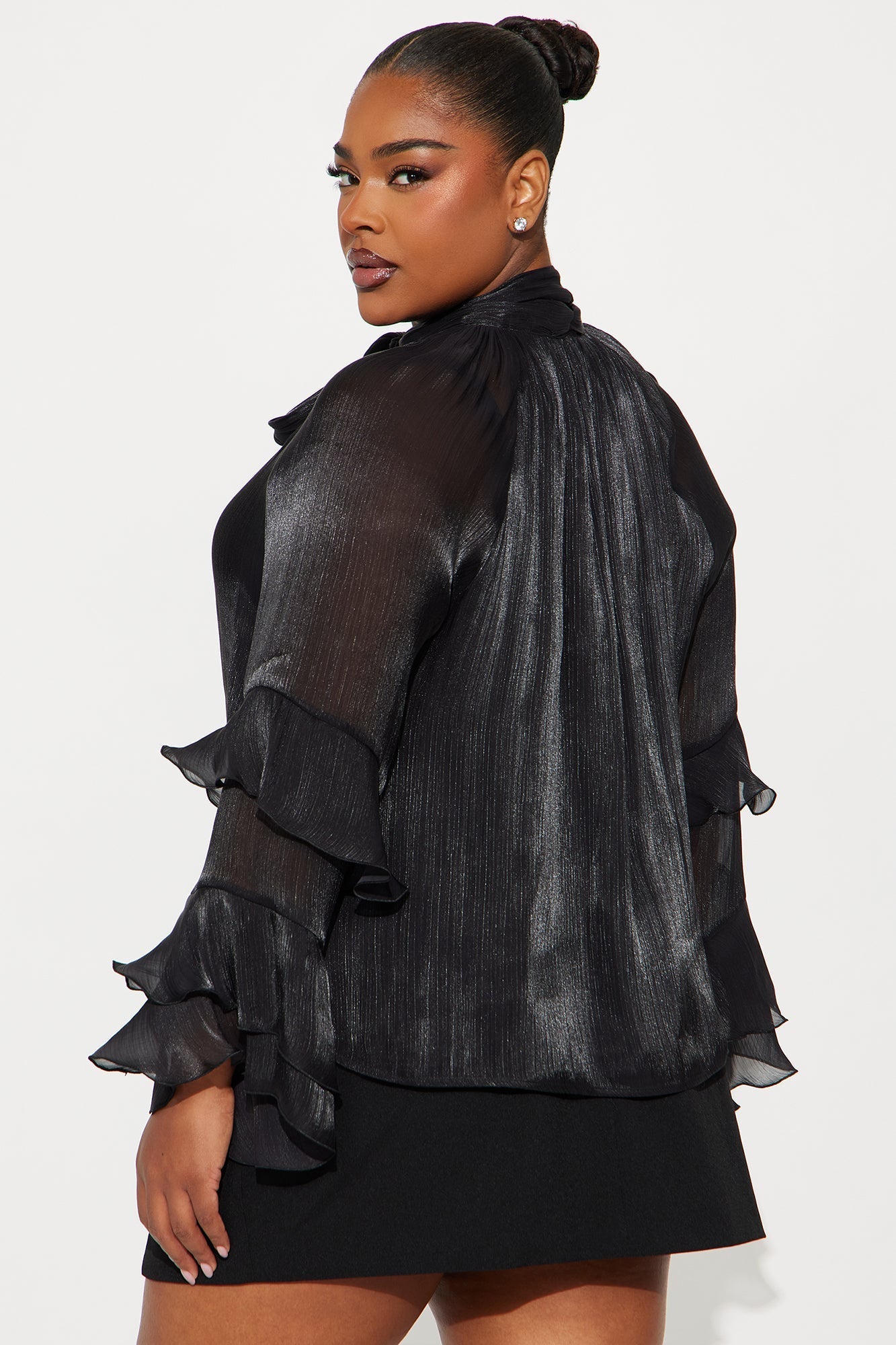 Crystal Clear Neck Tie Ruffle Chiffon Top - Black