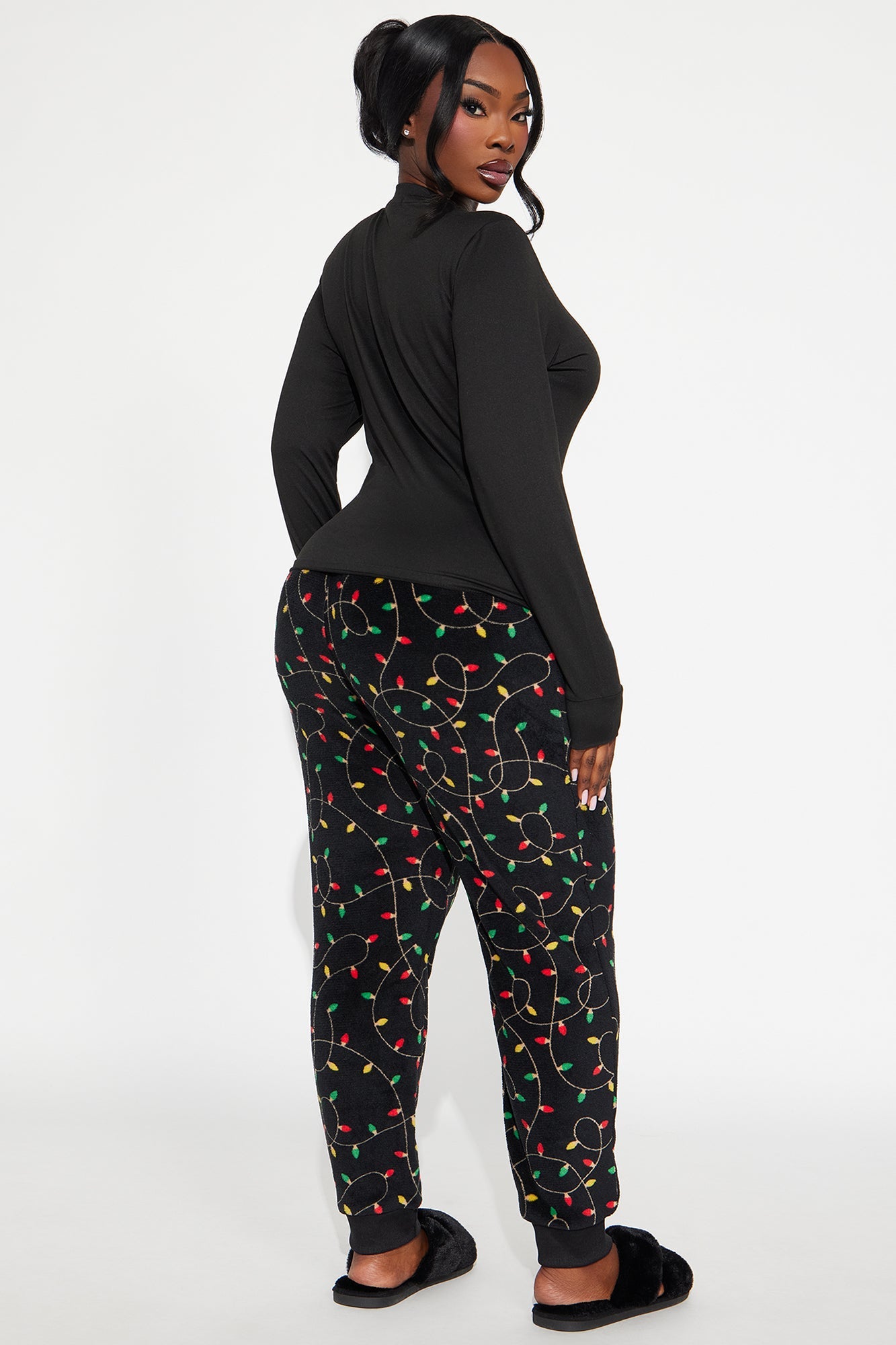 Wake Me Up On Christmas Matching Family Long Sleeve Plush PJ Jogger Set - Black/combo