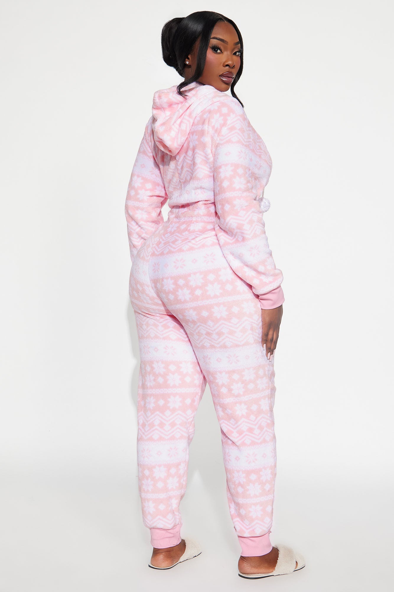 Winter Cutie Plush Hoodie PJ Jumpsuit Onesie - White/Pink