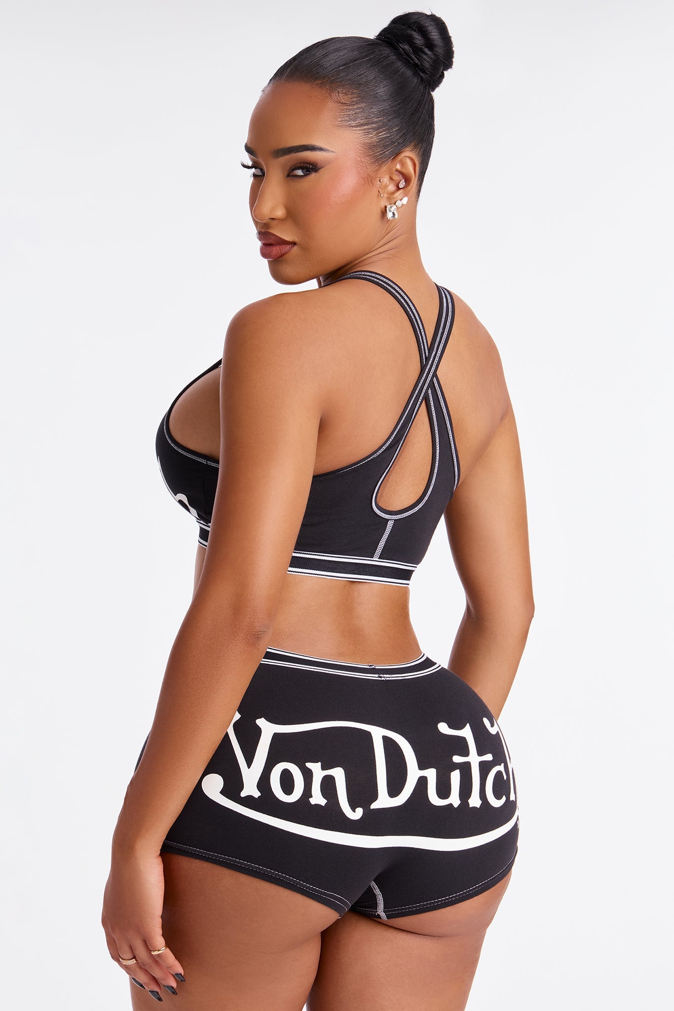 Von Dutch Boxer Brief And Cross Back Bra 2 Piece Set - Black