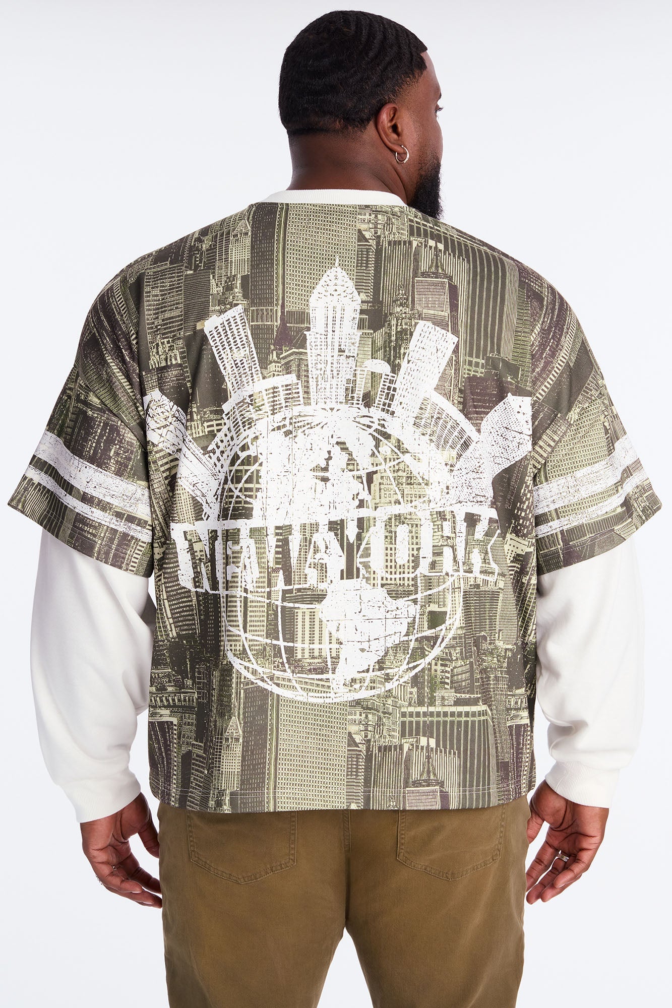 Oversized Concrete Jungle Skylines Long Sleeve Tee - Green/combo