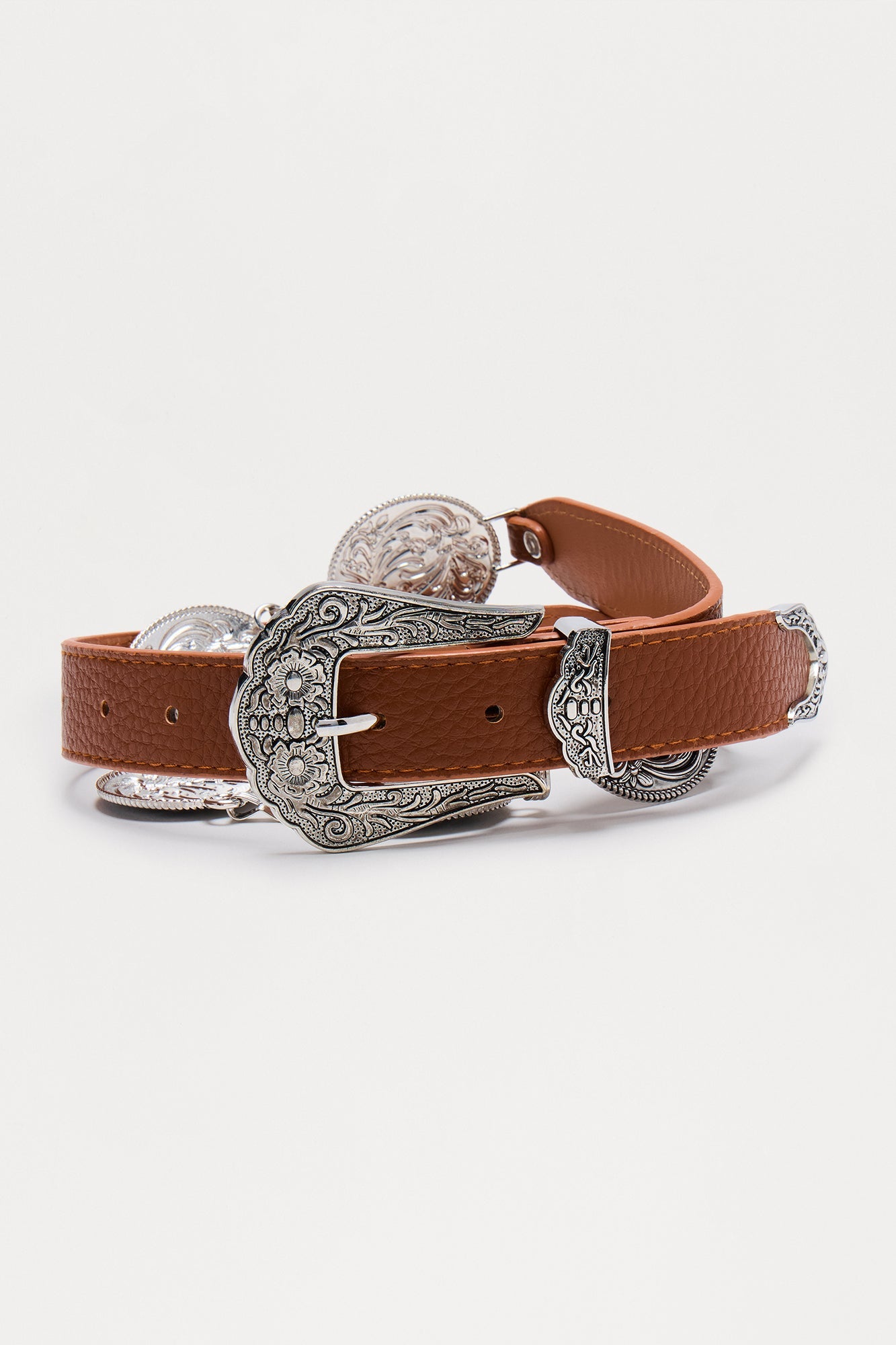 Ranchero Love Story Faux Leather Belt - Silver/Brown