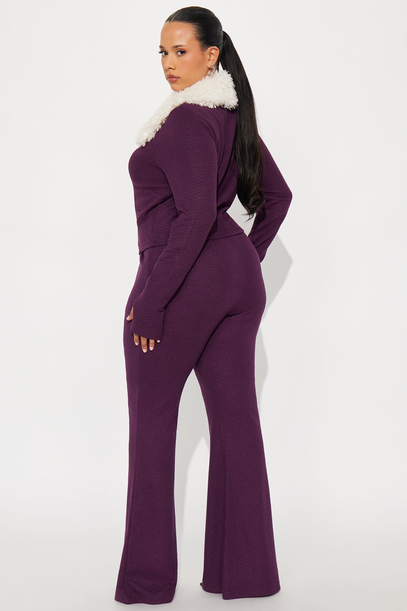 Daphne Faux Fur Trim Pant Set - Plum