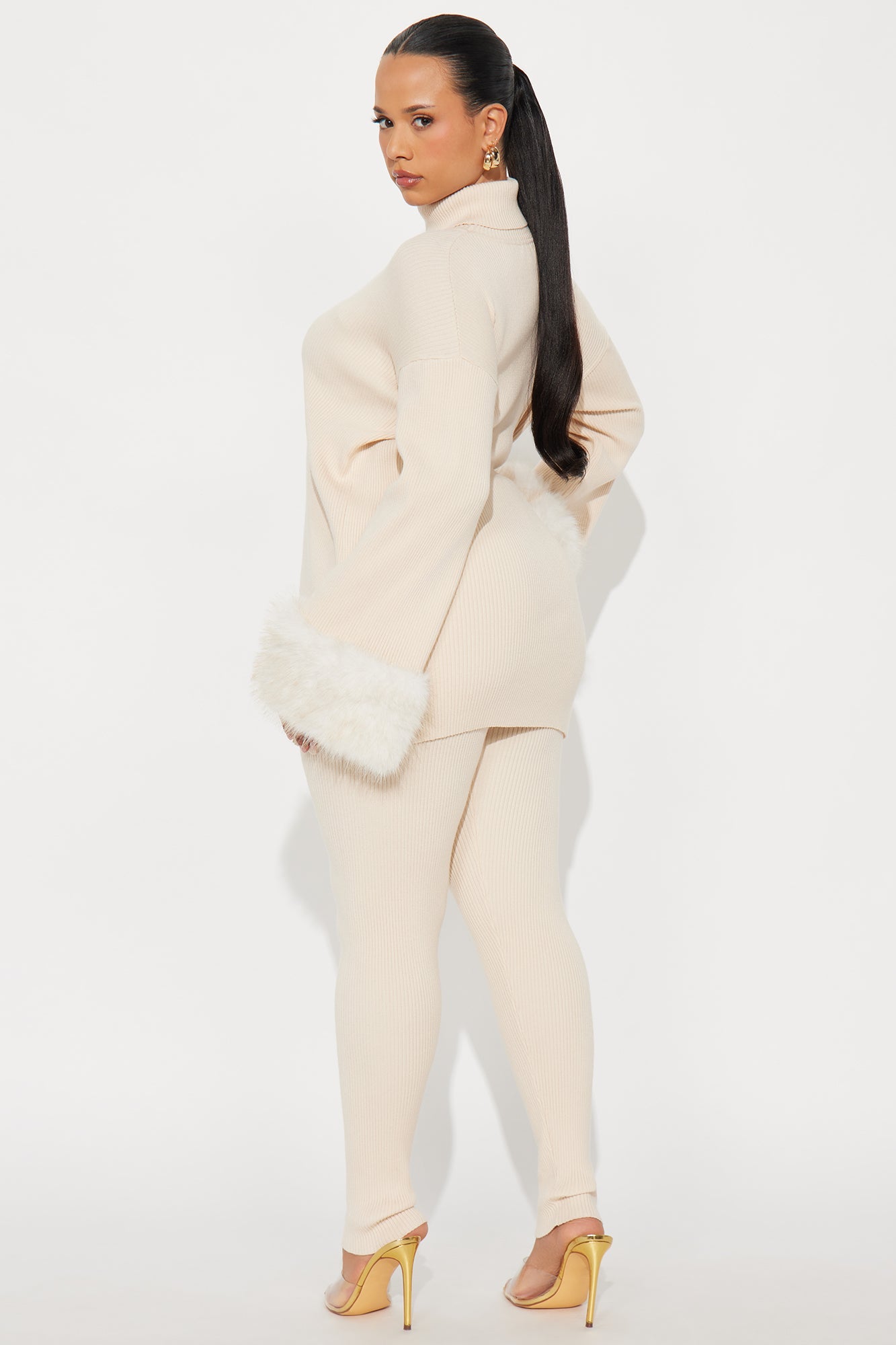 Carrie Faux Fur Trim Pant Set - Cream