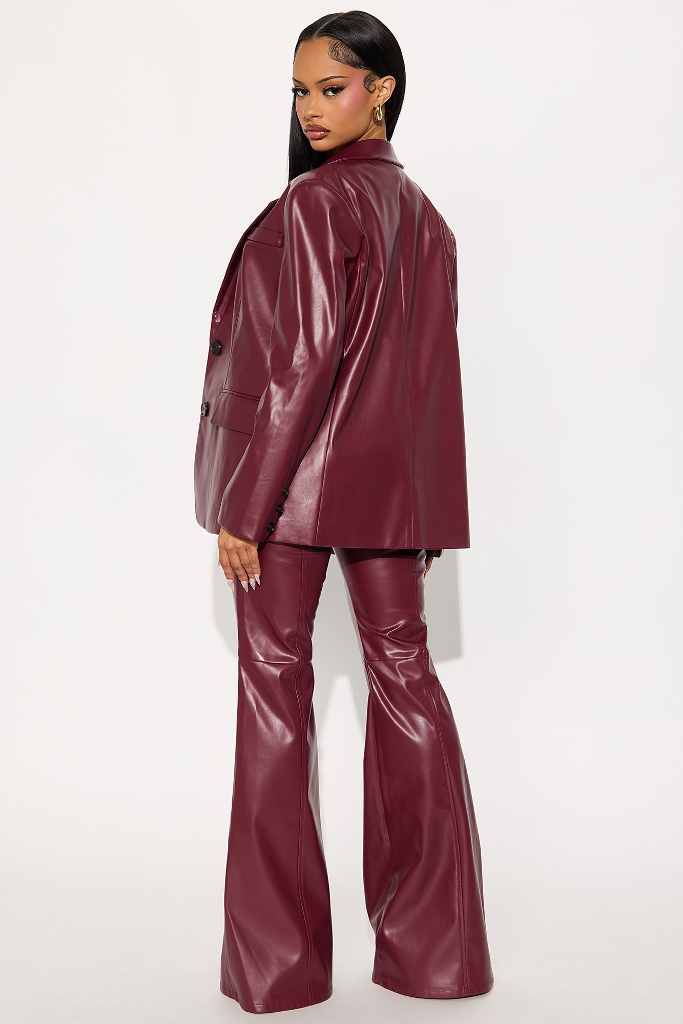 Fernanda Faux Leather Blazer Pant Set - Wine