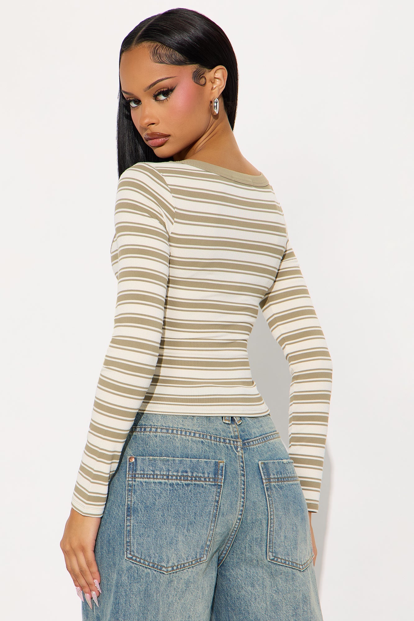 Avra Striped Boat Neck Baby Tee - Olive/combo