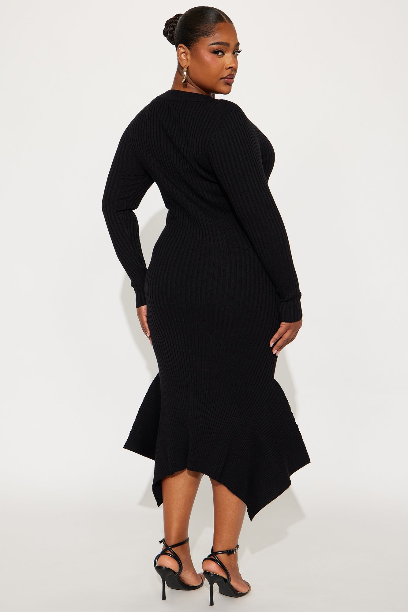 Rare Catch Long Sleeve Ribbed Midi Dress - Black