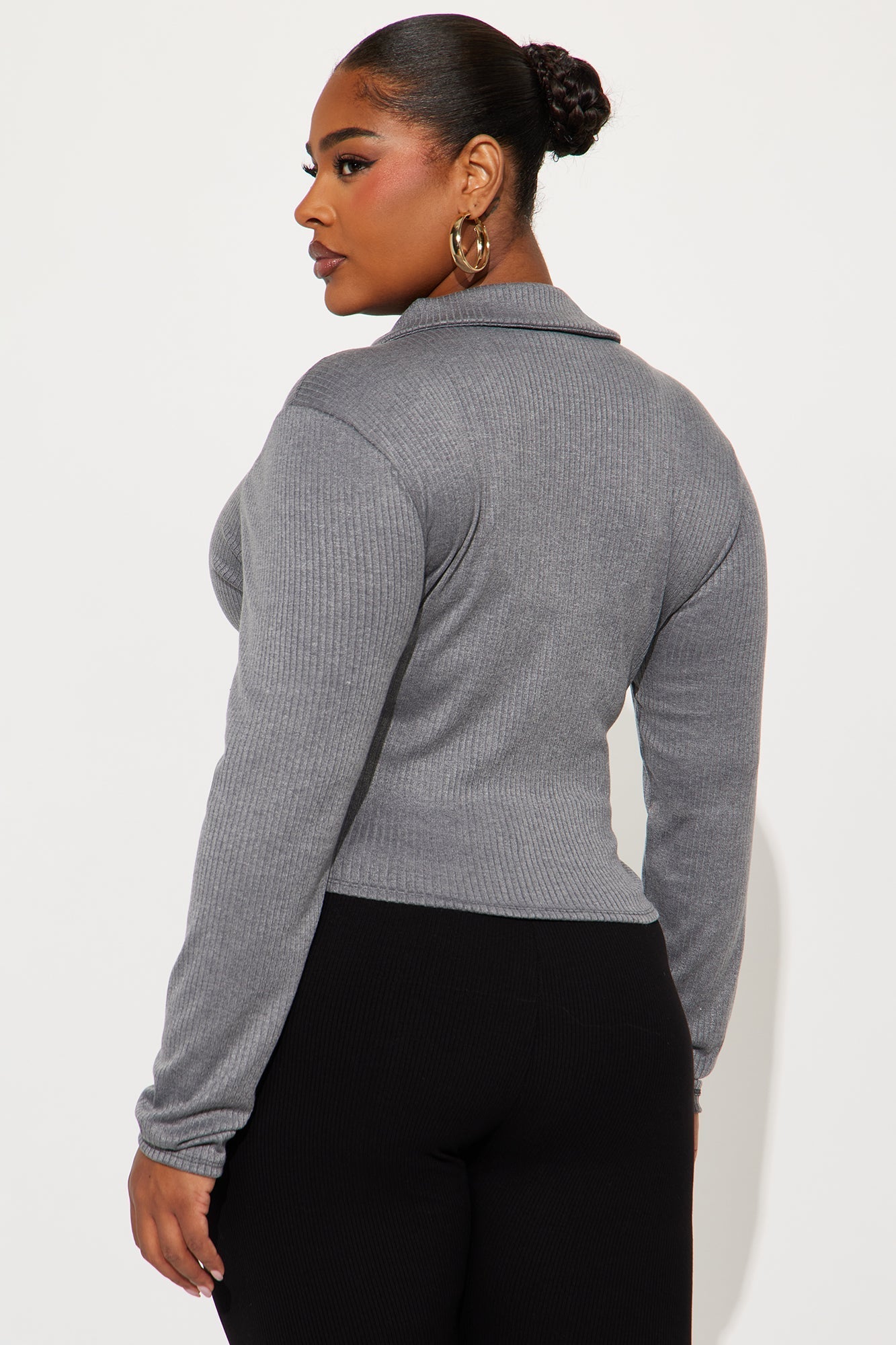 Maddy Button Up Ribbed Top - Grey