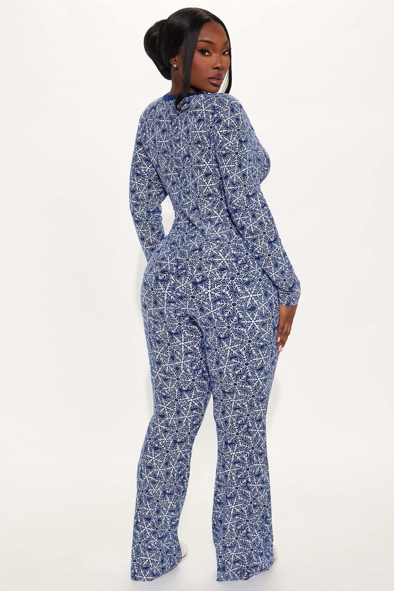 Snowflakes Everywhere Long Sleeve Foldover Flare Leg PJ Pant Set - Navy