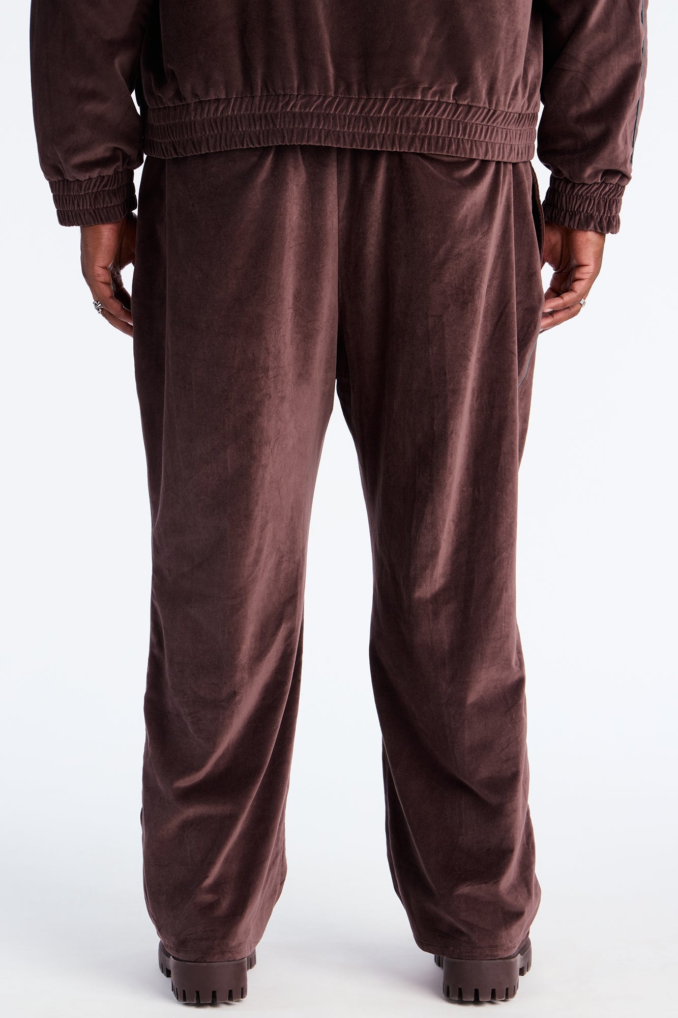 Straight Around The Track Faux Velour Piped Pant - Brown