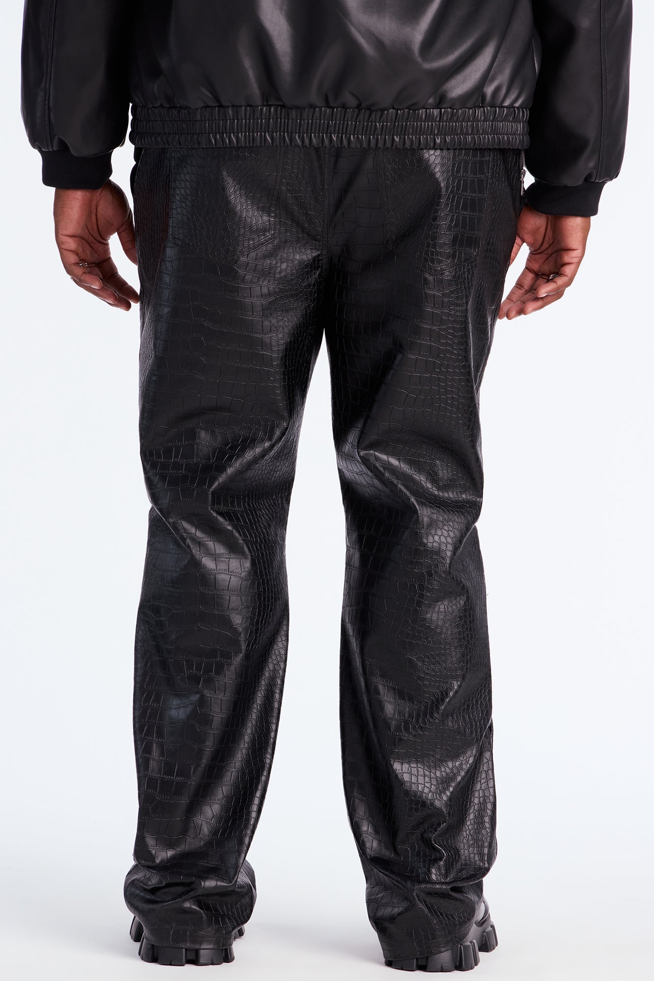 Stacked Slim Flare Gator Embossed Faux Leather Pant - Black