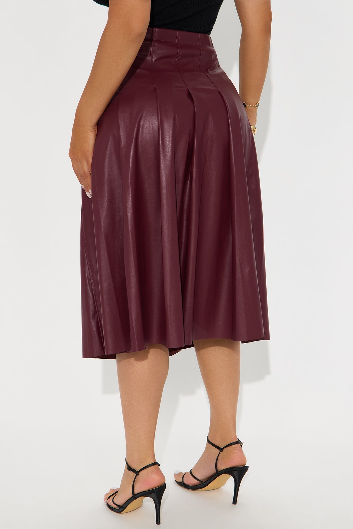 Kylie Belted Faux Leather Midi Skirt - Burgundy