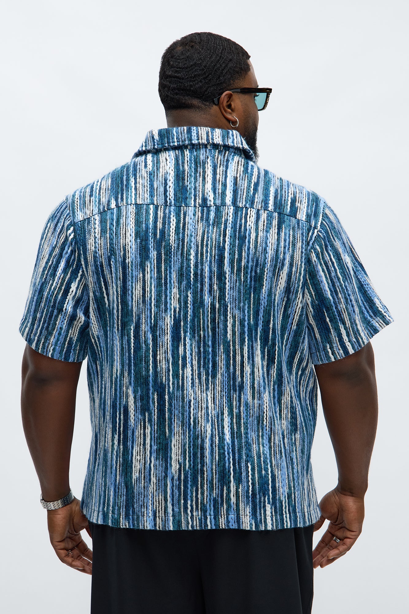 Melange Yarn Closed Closed Collar Short Sleeve Shirt - Blue/combo