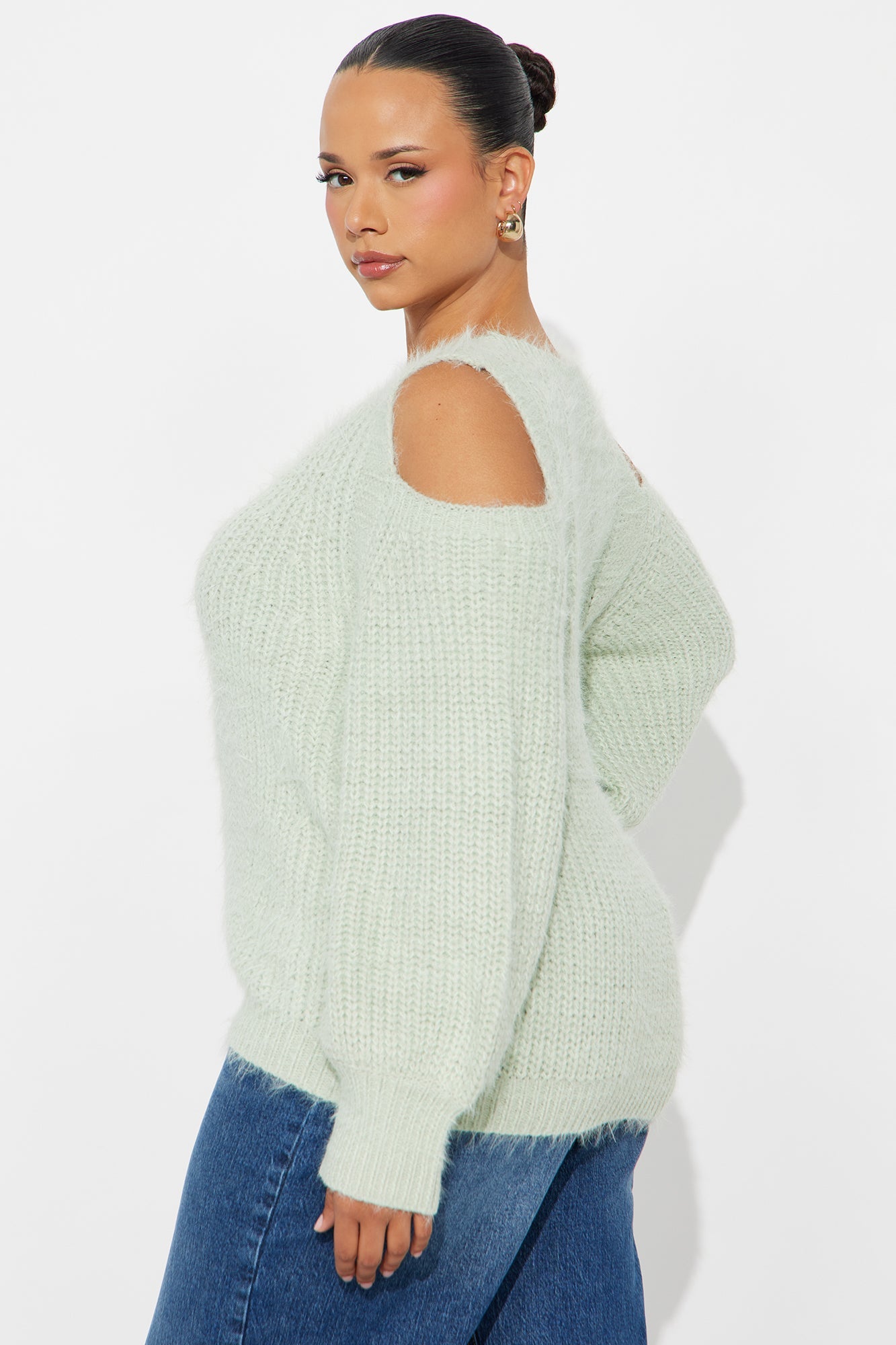 Sweet Face Fuzzy Cold Shoulder Sweater Top - Mint