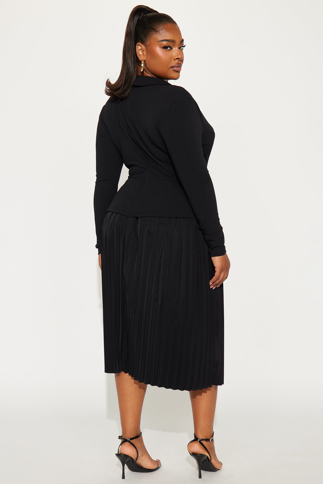Park Avenue Pleated Crepe Knit Midi Dress - Black/Black