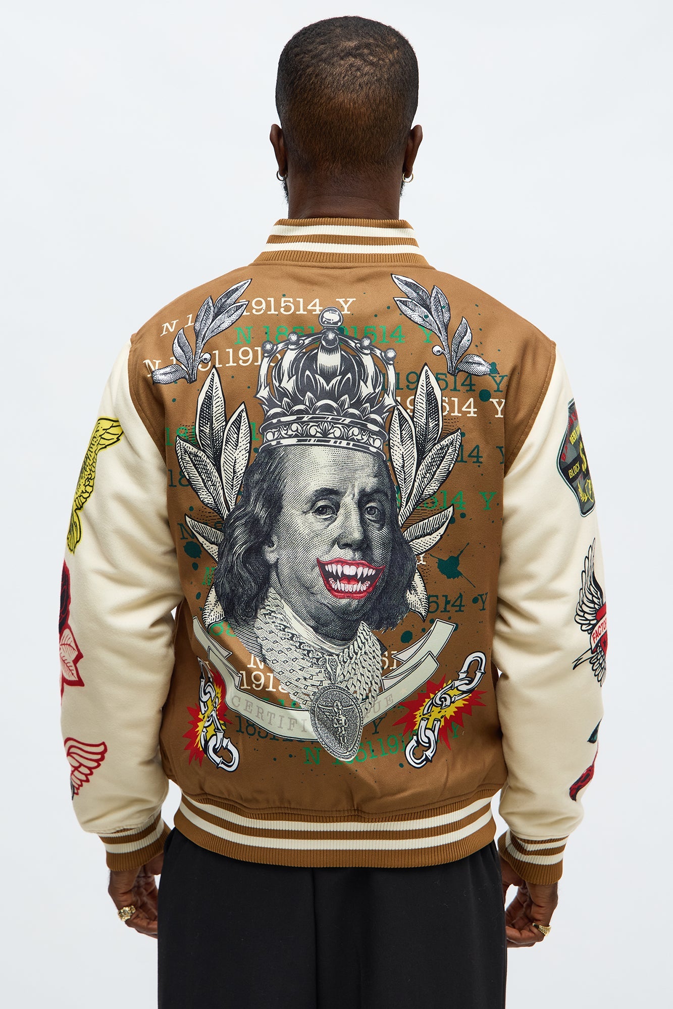 Stack The Cash Varsity Jacket - Brown