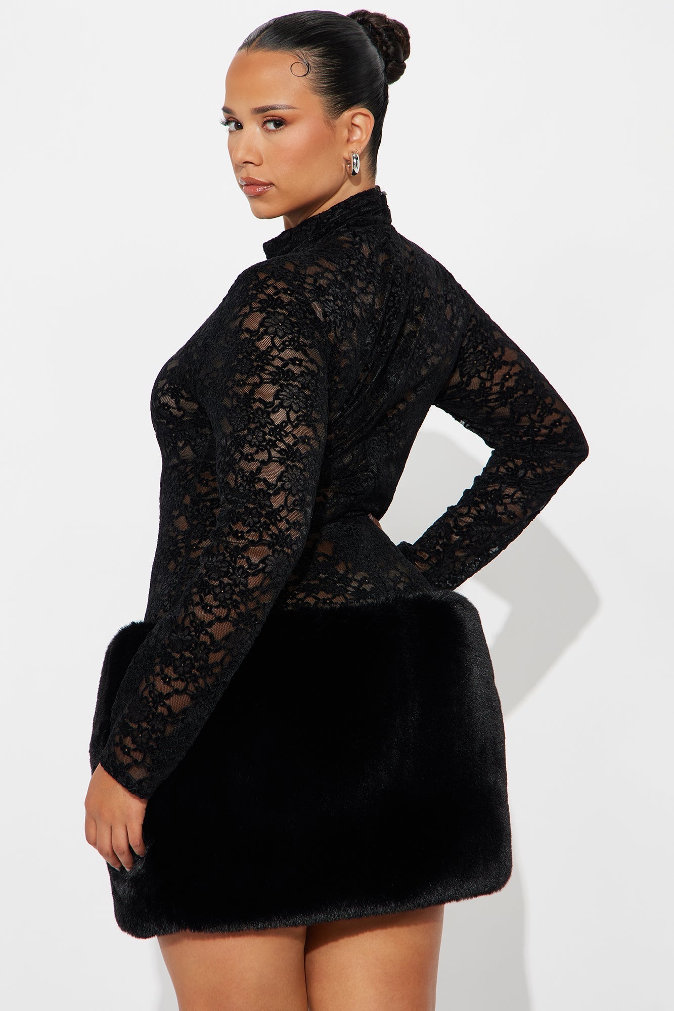 If You Had My Love Fur Trim Lace Mini Dress - Black