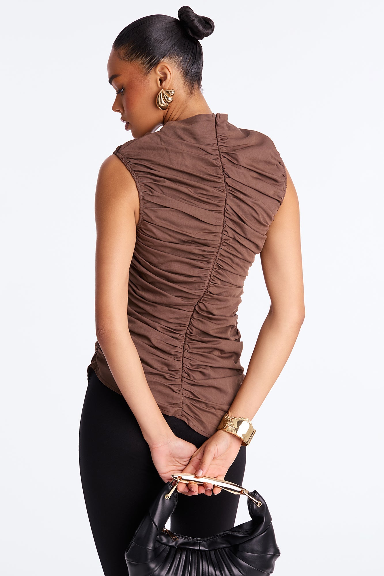 Just Admire Mock Neck Ruched Top - Brown