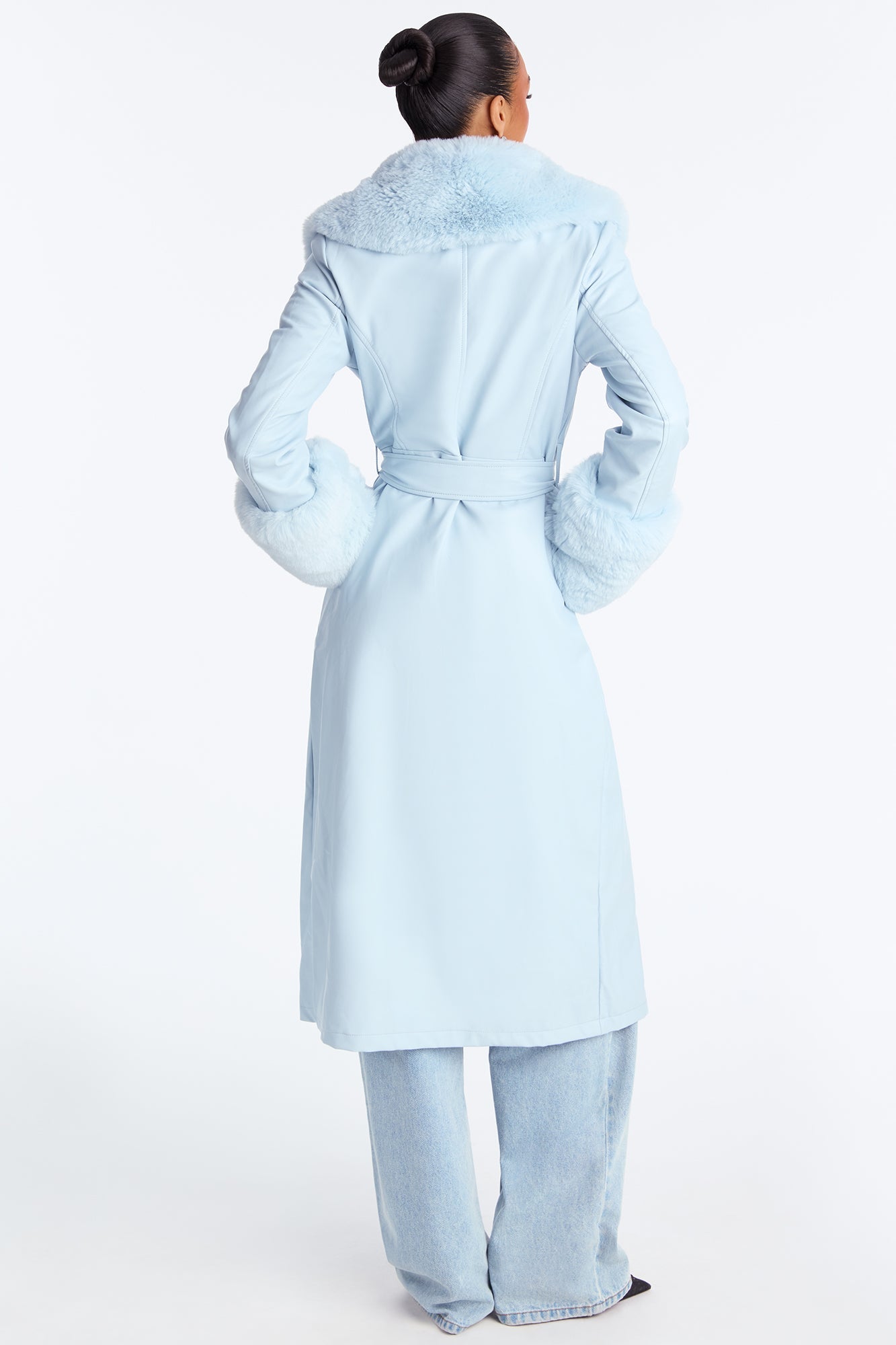 Karina Faux Fur Trench Coat - Light Blue