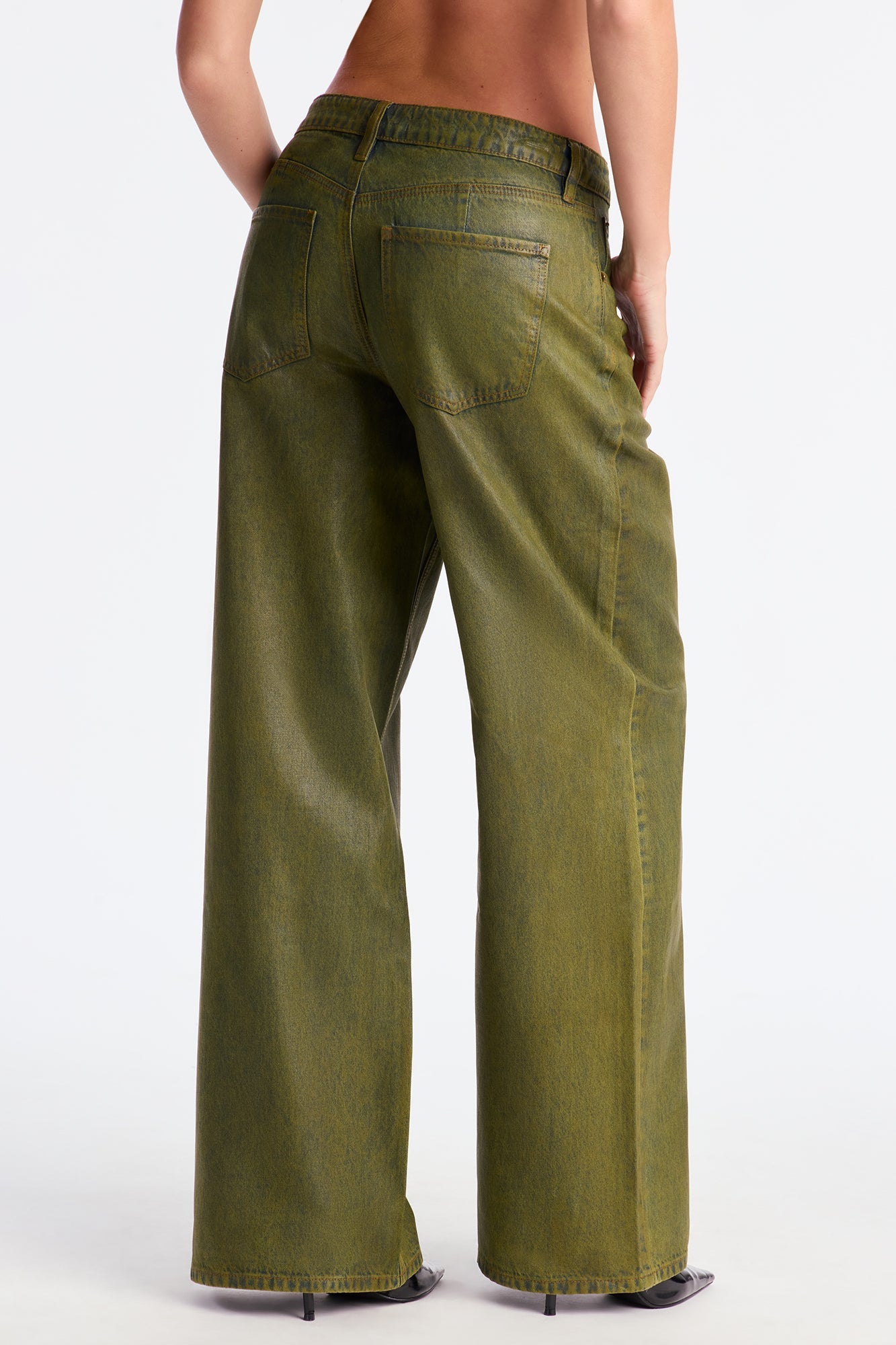 Acting Right Coated Wide Leg Jeans - Olive