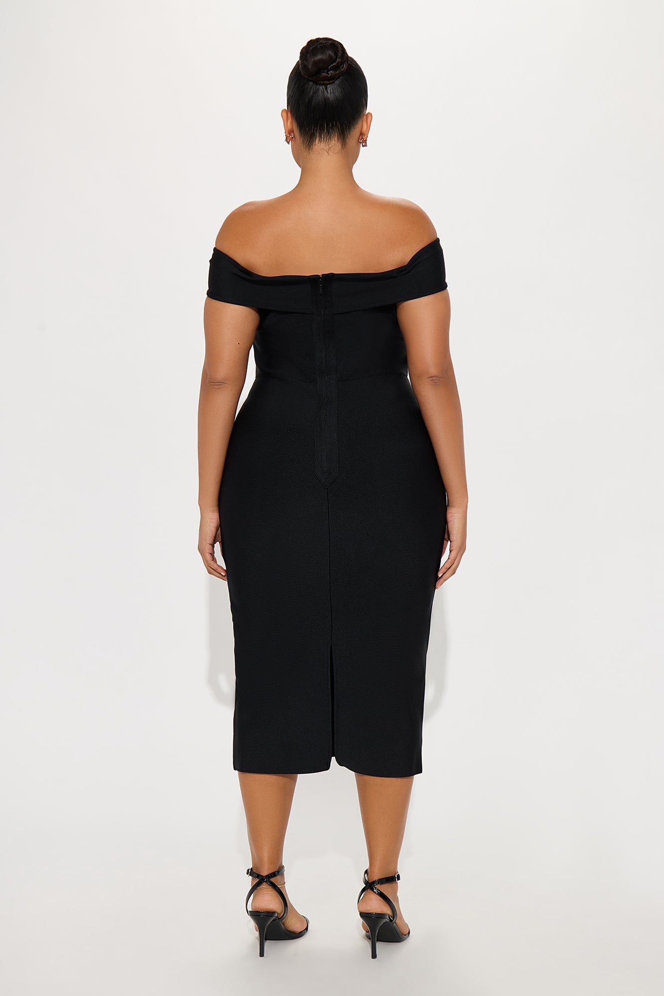 First Class Off Shoulder Bandage Midi Dress - Black