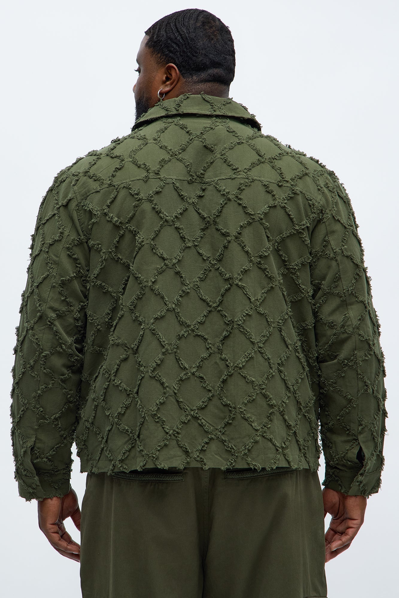 Textured Diamond Frayed Work Jacket - Green