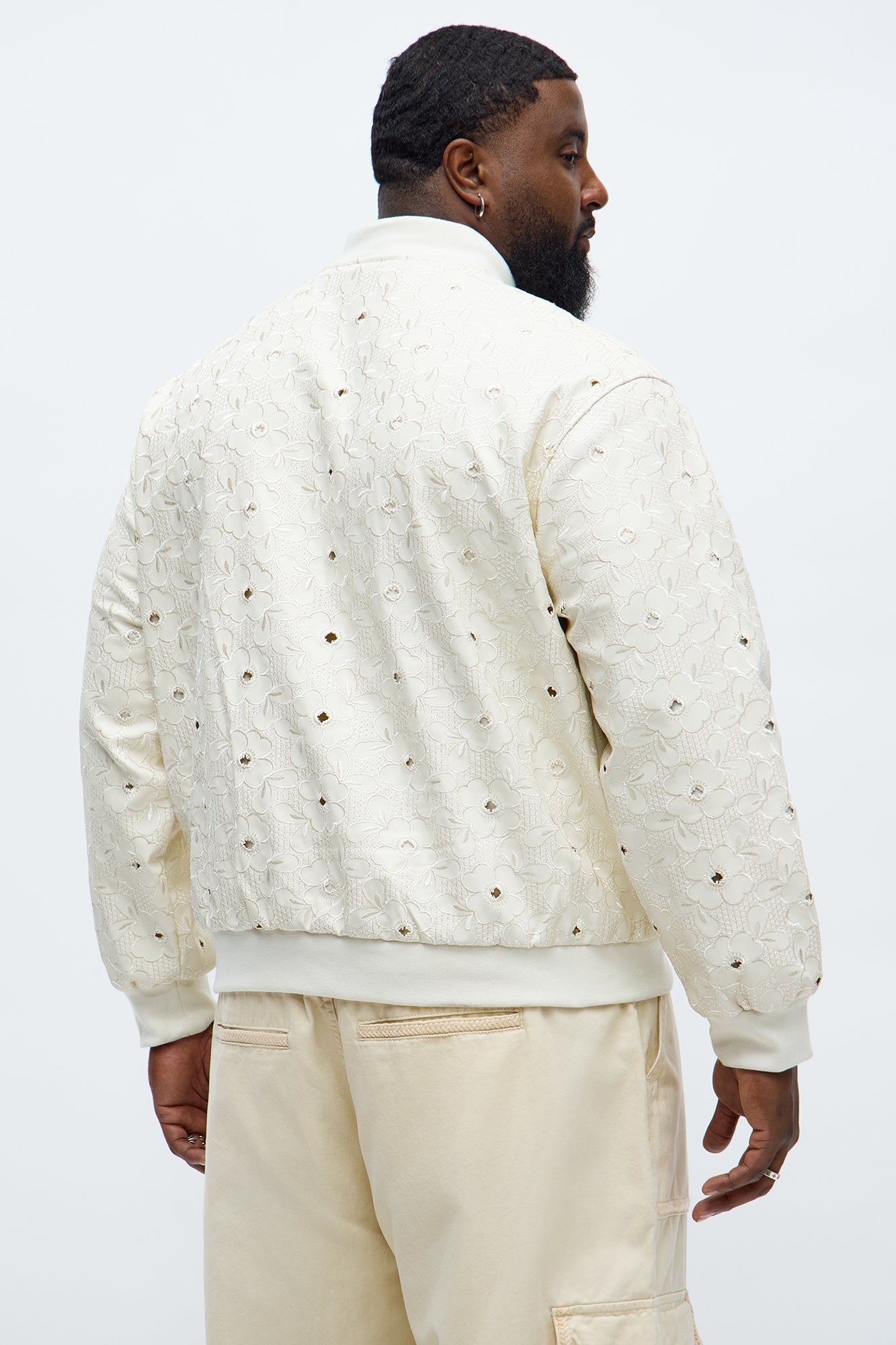 Relaxed Faux Leather Embroidered Floral Bomber Jacket - Off White