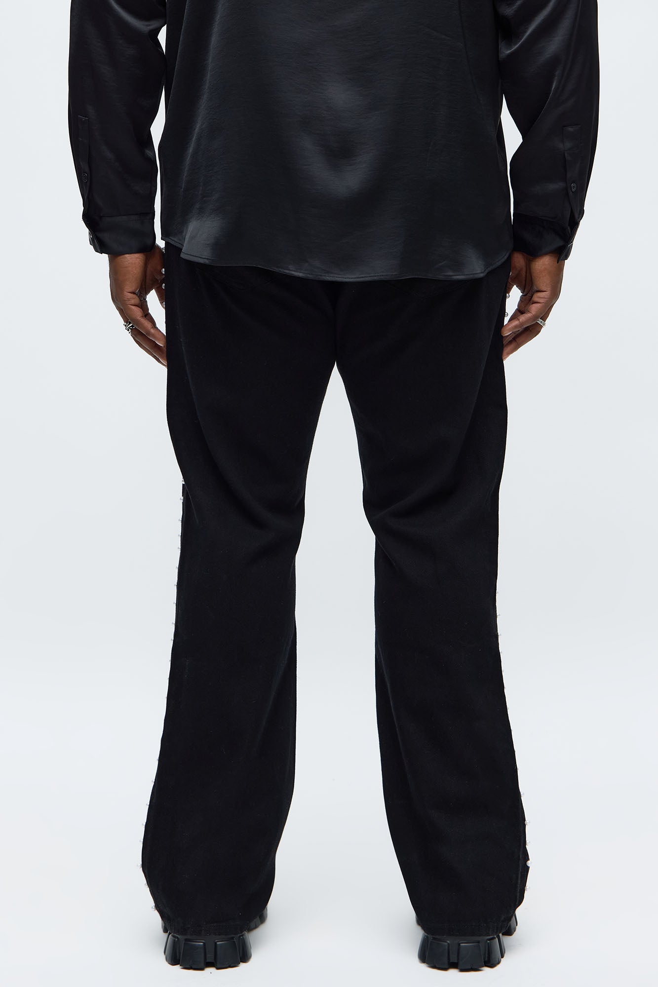 Stacked Slim Flare Pearls Along Side Jean - Black