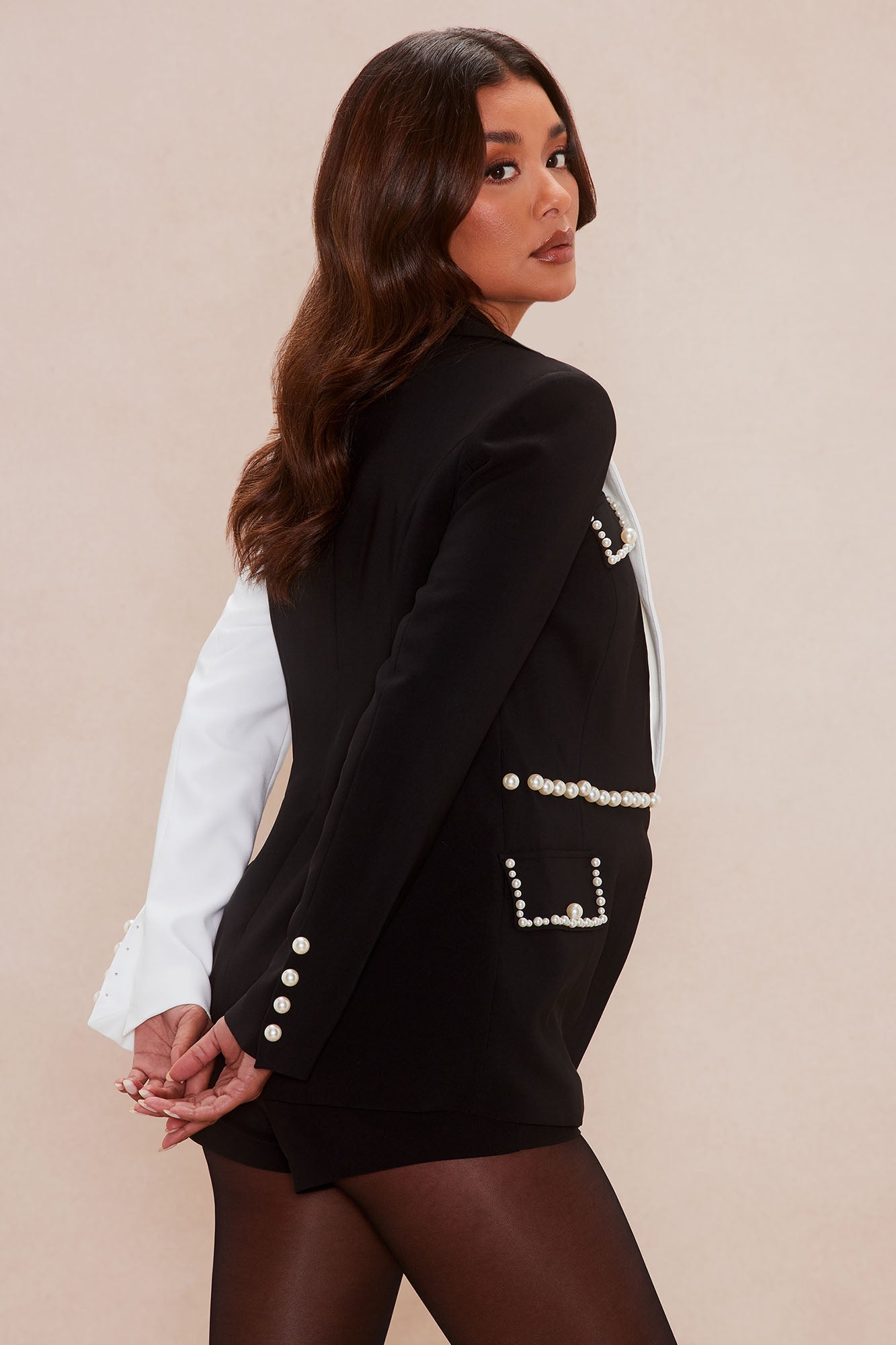 Brielle Pearl Embellished Short Set - Black/White