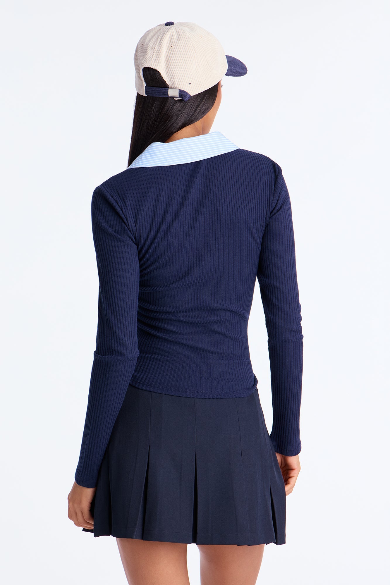 Niamh Long Sleeve Ribbed Collard Top - Navy/combo