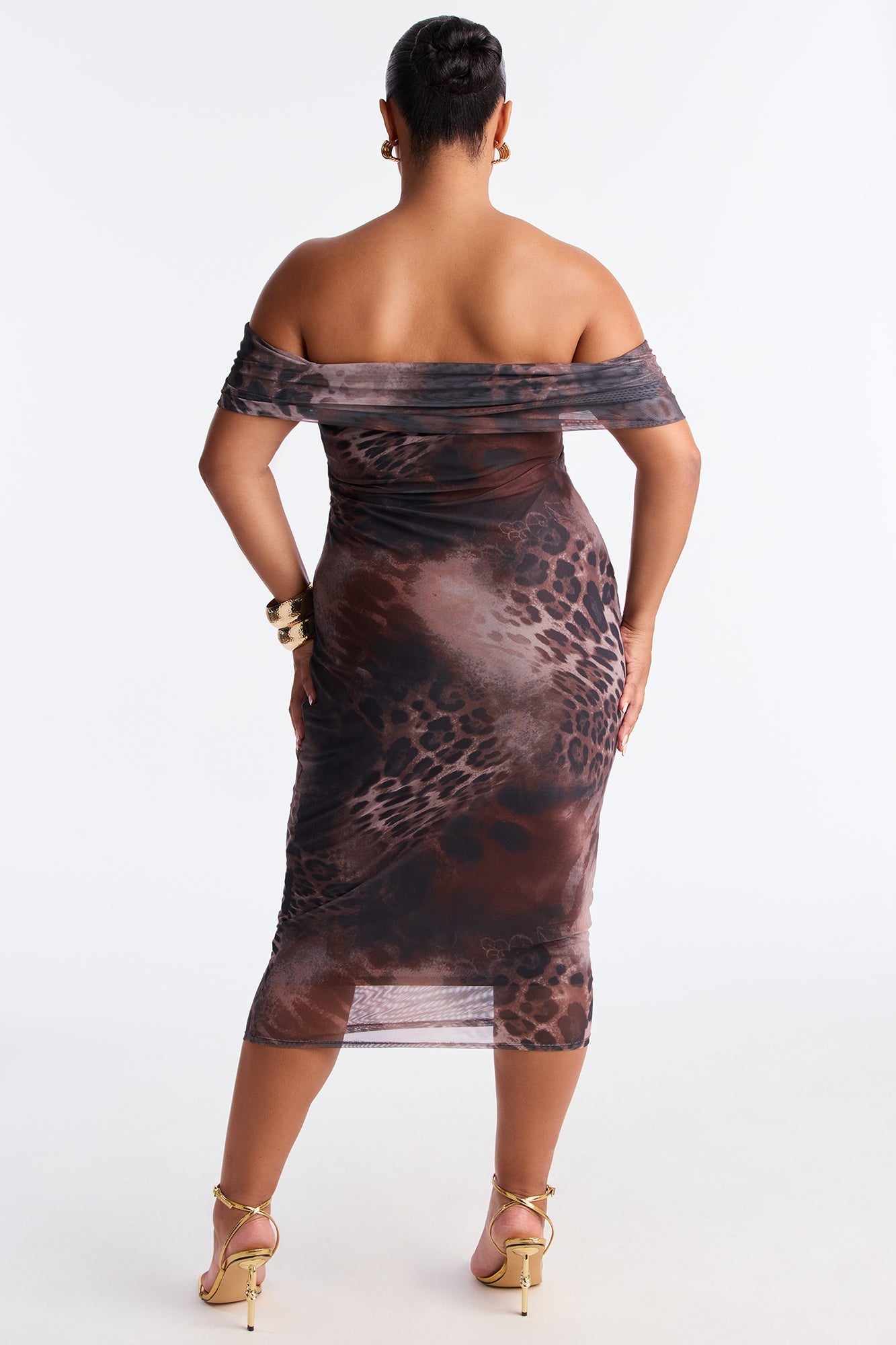 Soraya Off Shoulder Mesh Midi Dress - Brown/combo